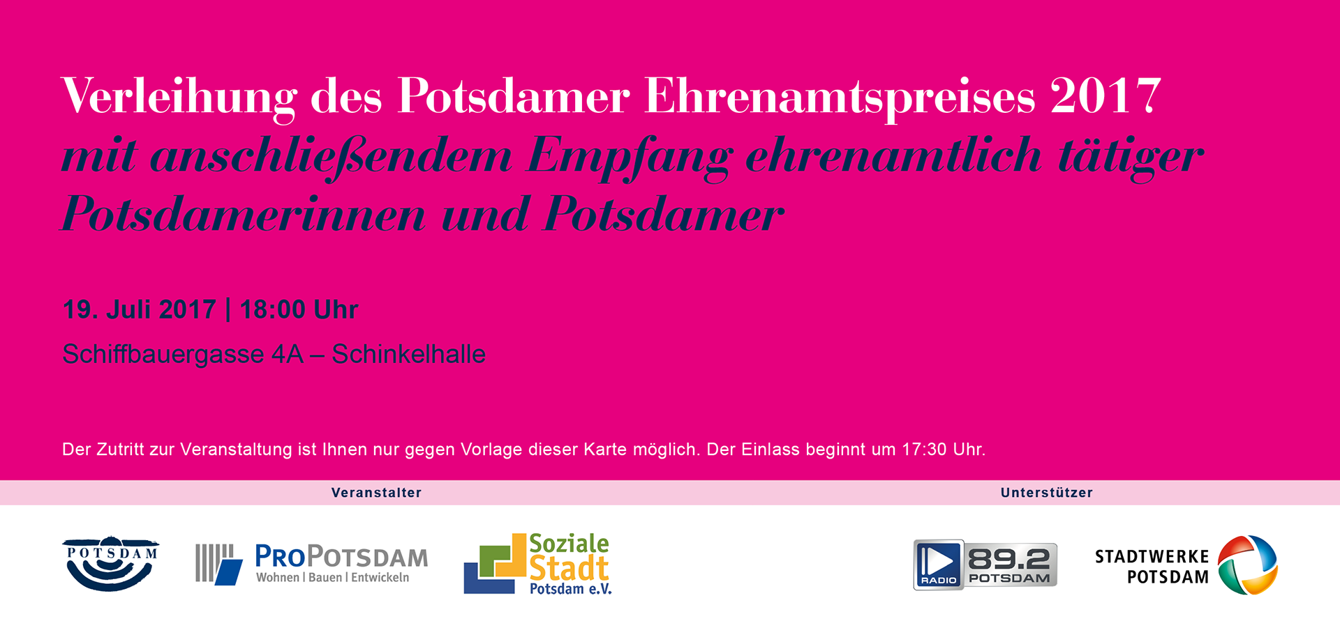 Einlasskarte, Ehrenamtspreis Potsdam, ProPotsdam, Energie und Wasser Potsdam – HELLOGRAPH | Grafik Design Agentur Potsdam, Berlin-Brandenburg