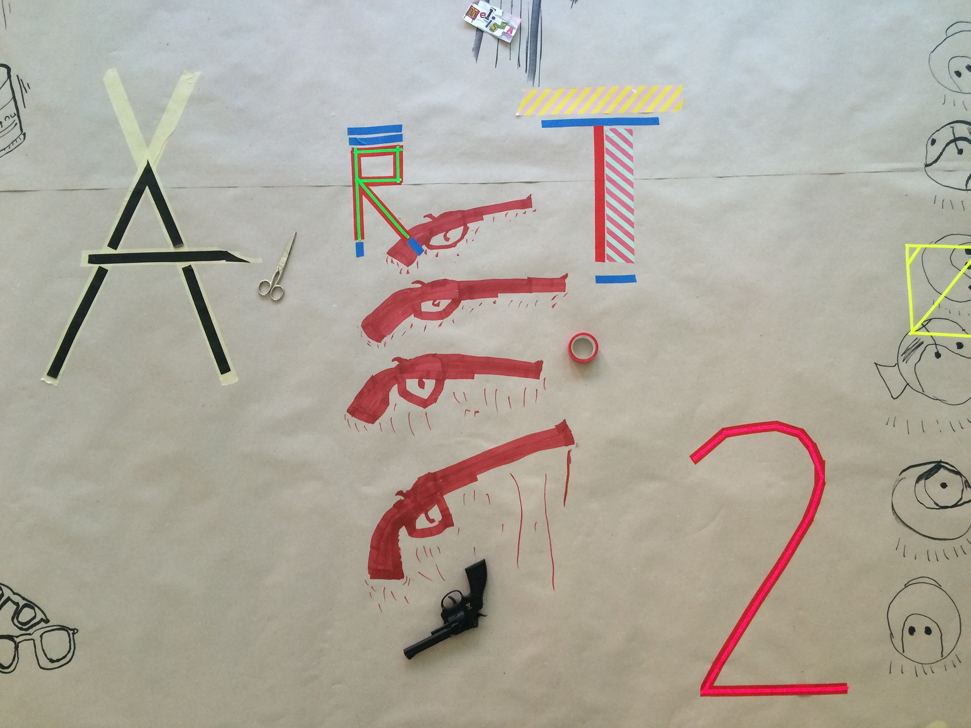 Plakat mit Illustration, Revolver, Buchstaben, Brille, Filzstift, Klebeband, Edding, Schere – HELLOGRAPH | Grafik Design Agentur Potsdam, Berlin-Brandenburg
