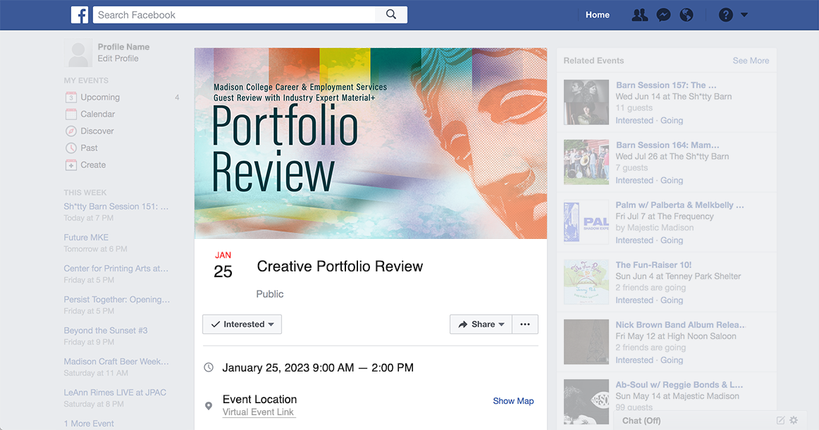Material + Madison College Portfolio Review Facebook Graphic