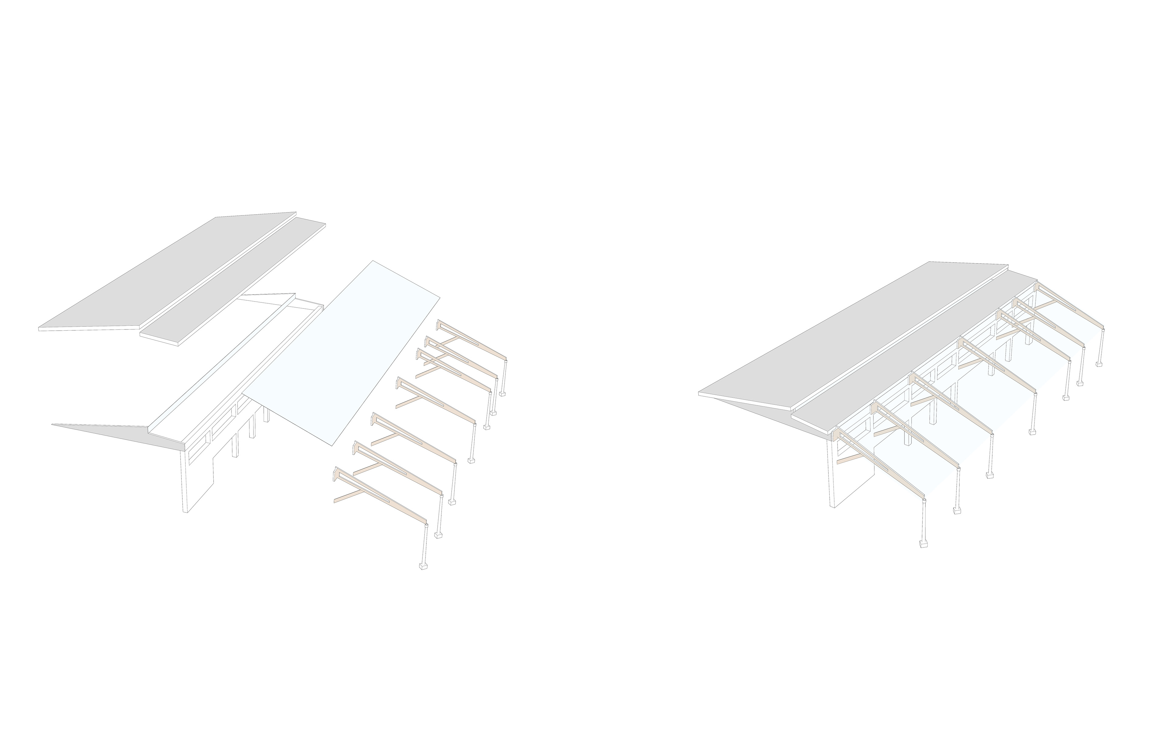 South lights blocked by solid roofing, whilst north lights are encouraged through polycarbonate sheltered roofing as well as long horizontal window in the roof.
