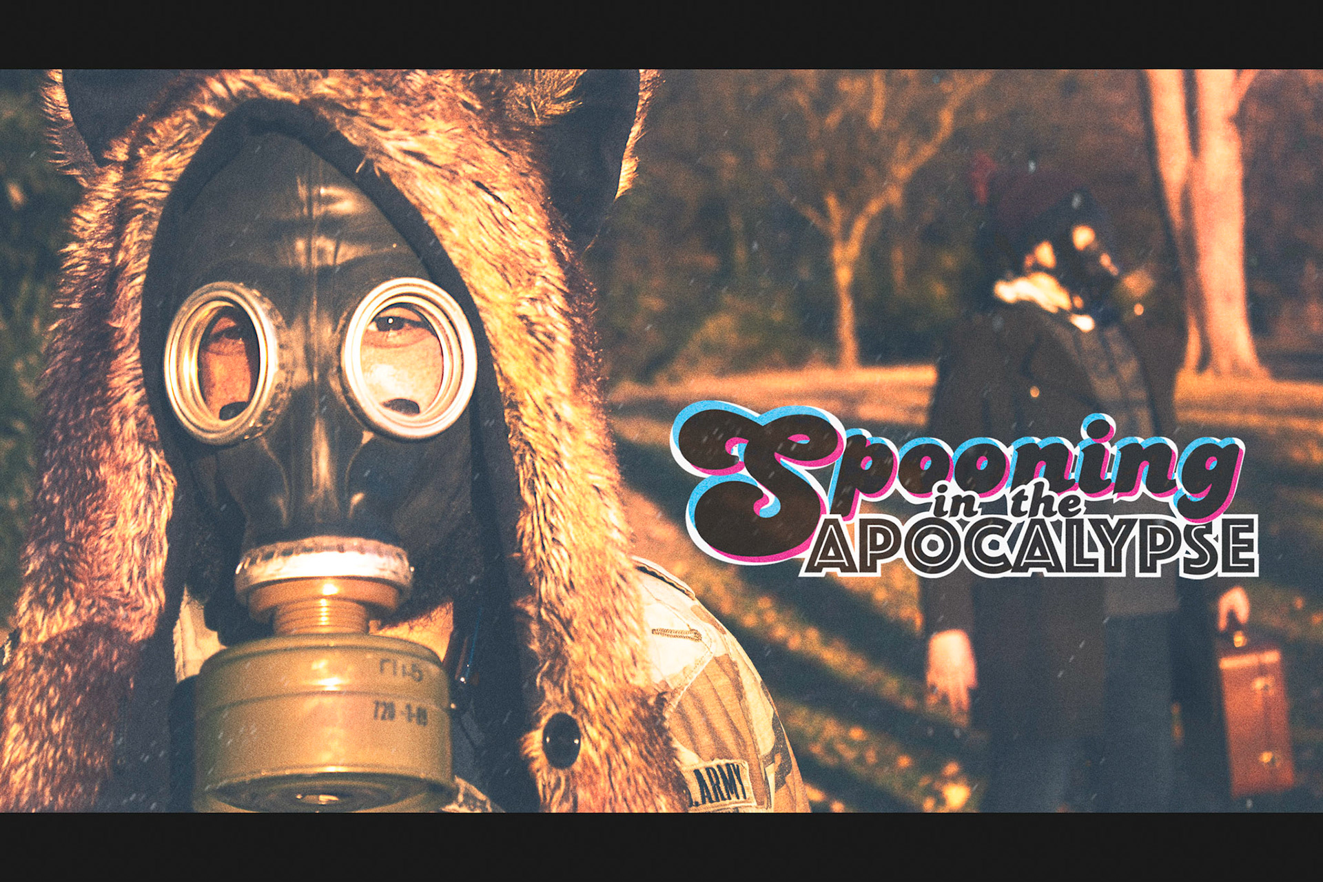 Tavius Marshall and Nathan Connor pose in gas masks for a long running visual gag this oddball podcast utilizes for their social media promotional advertising.