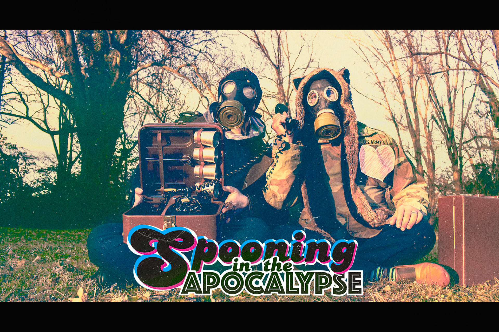 Tavius Marshall and Nathan Connor pose in gas masks for a long running visual gag this oddball podcast utilizes for their social media promotional advertising.