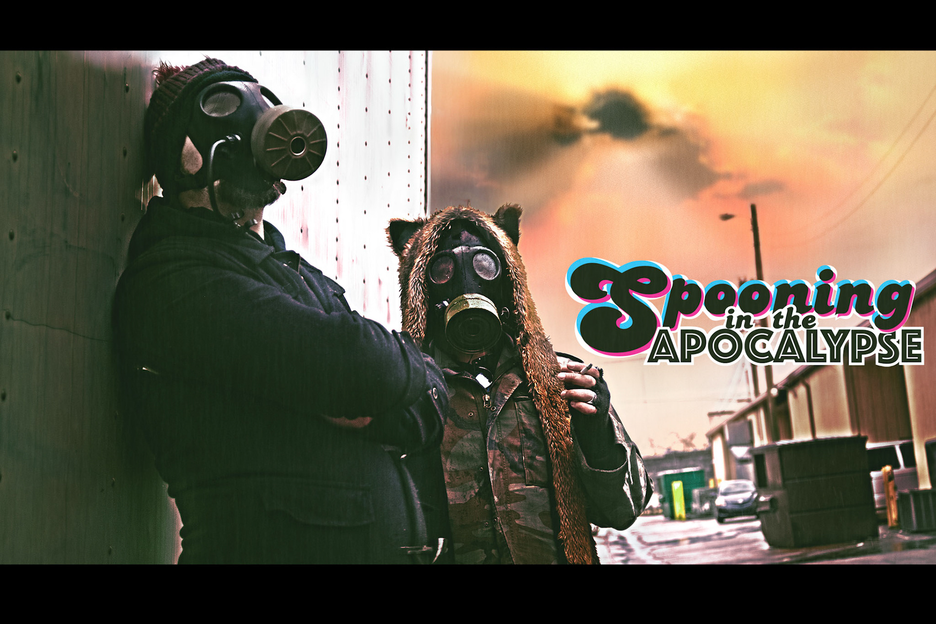 Tavius Marshall and Nathan Connor pose in gas masks for a long running visual gag this oddball podcast utilizes for their social media promotional advertising.