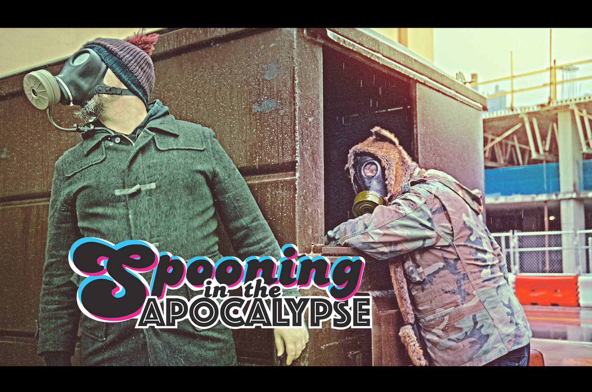 Tavius Marshall and Nathan Connor pose in gas masks for a long running visual gag this oddball podcast utilizes for their social media promotional advertising.