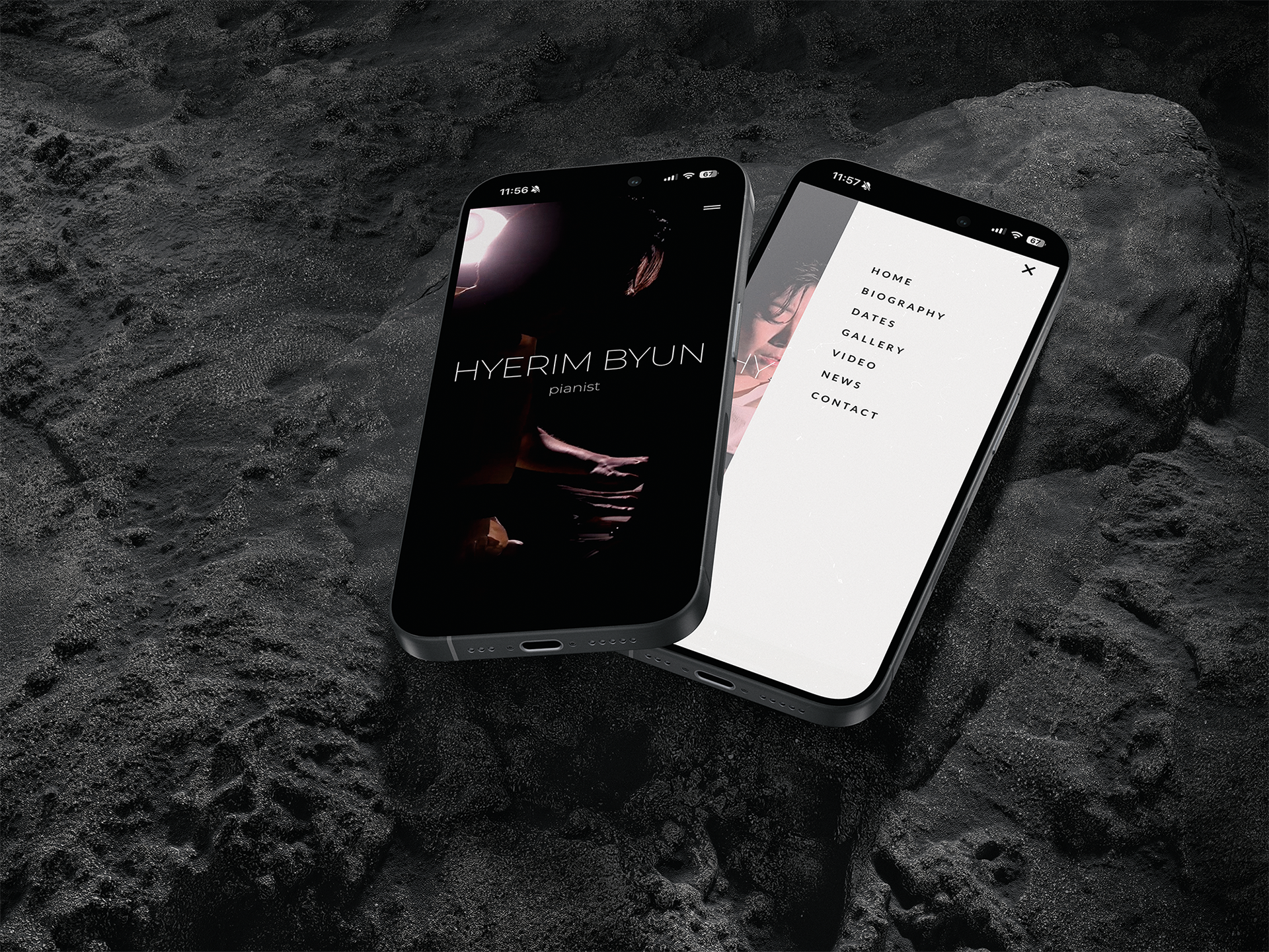 Mobile preview of hyerimbyun.com homepage and menu, shown on two smartphones against a dark textured background.