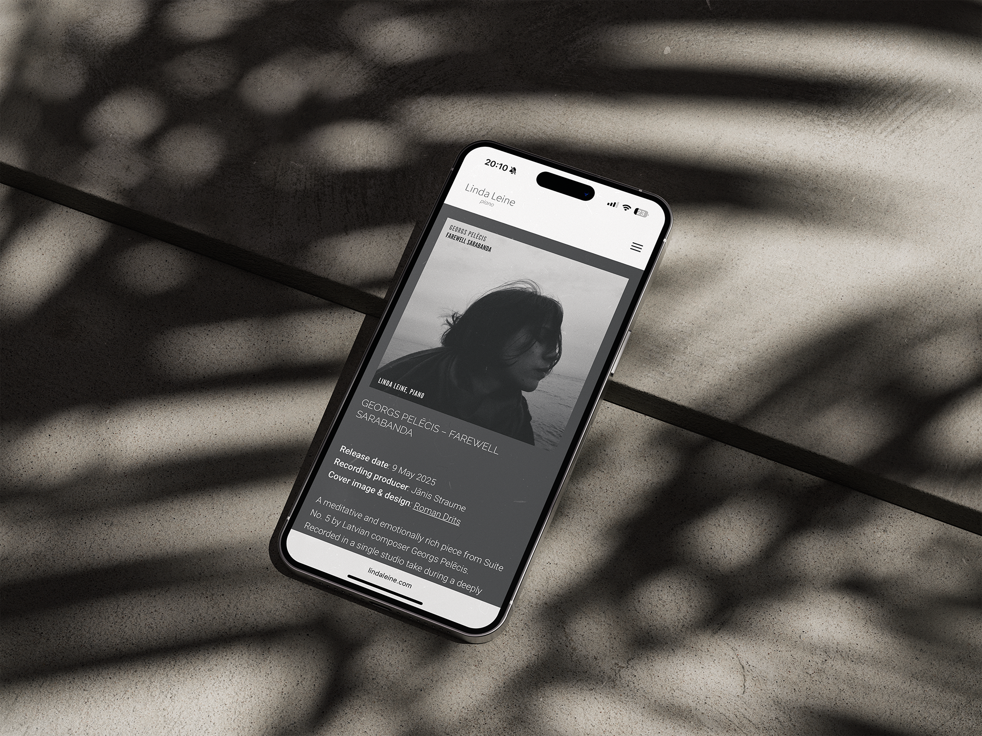 Mobile preview of single release page for Farewell Sarabanda on Linda Leine’s site, featuring the black-and-white cover image and album info.