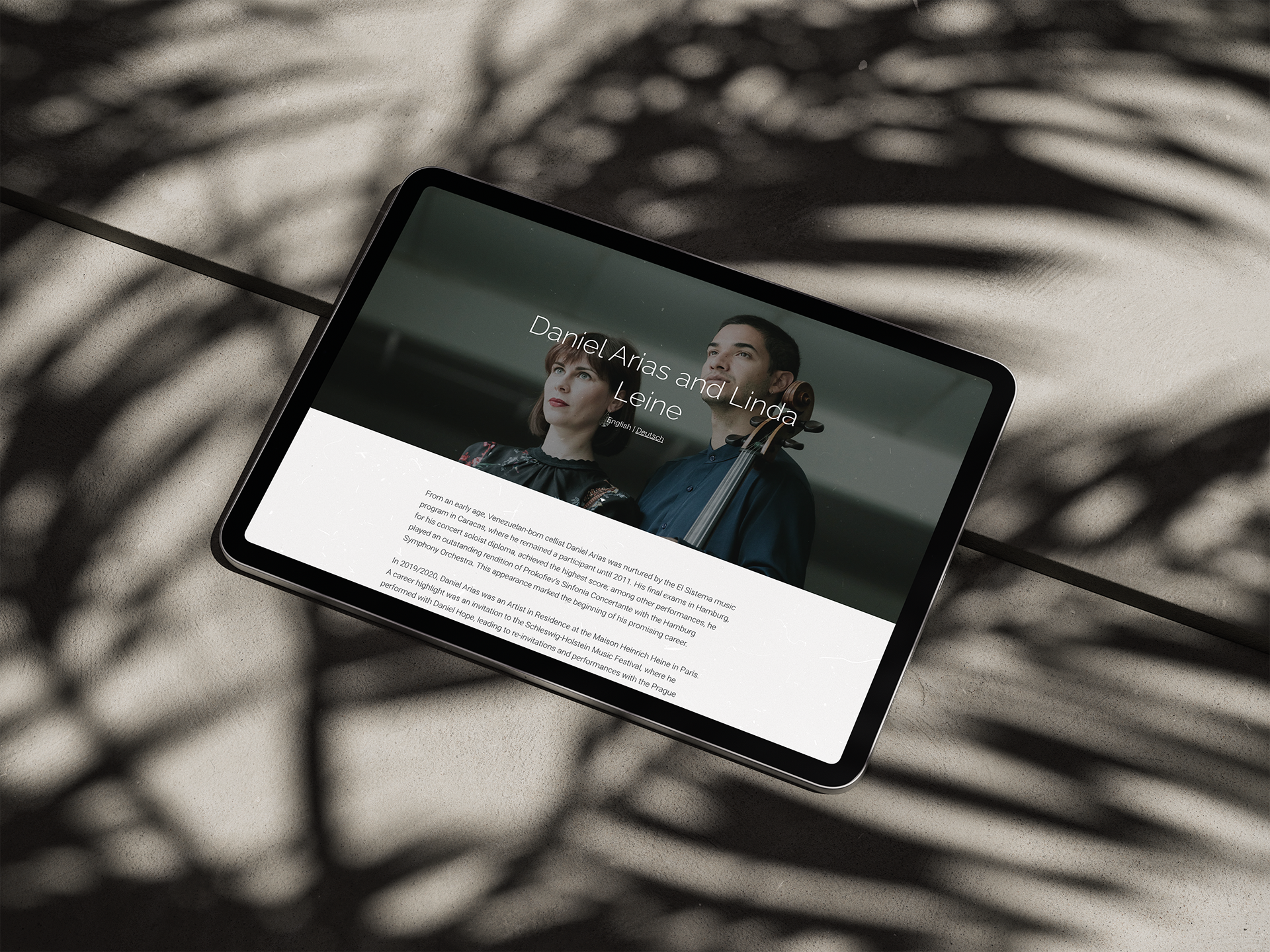 Tablet view showing Linda Leine’s collaborative project with cellist Daniel Arias. Elegant portrait and biography presented in a clean layout.
