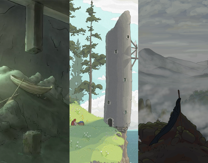 Three images side by side, all digitally illustrated: a rowboat boat on the floor of a cave illuminated by green light, a cliffside tower on a sunny day and a hooded figure pushing a wooden cart toward it, and a piece of black fabric tied to a staff standing upright on a rocky outcropping overlooking a foggy landscape