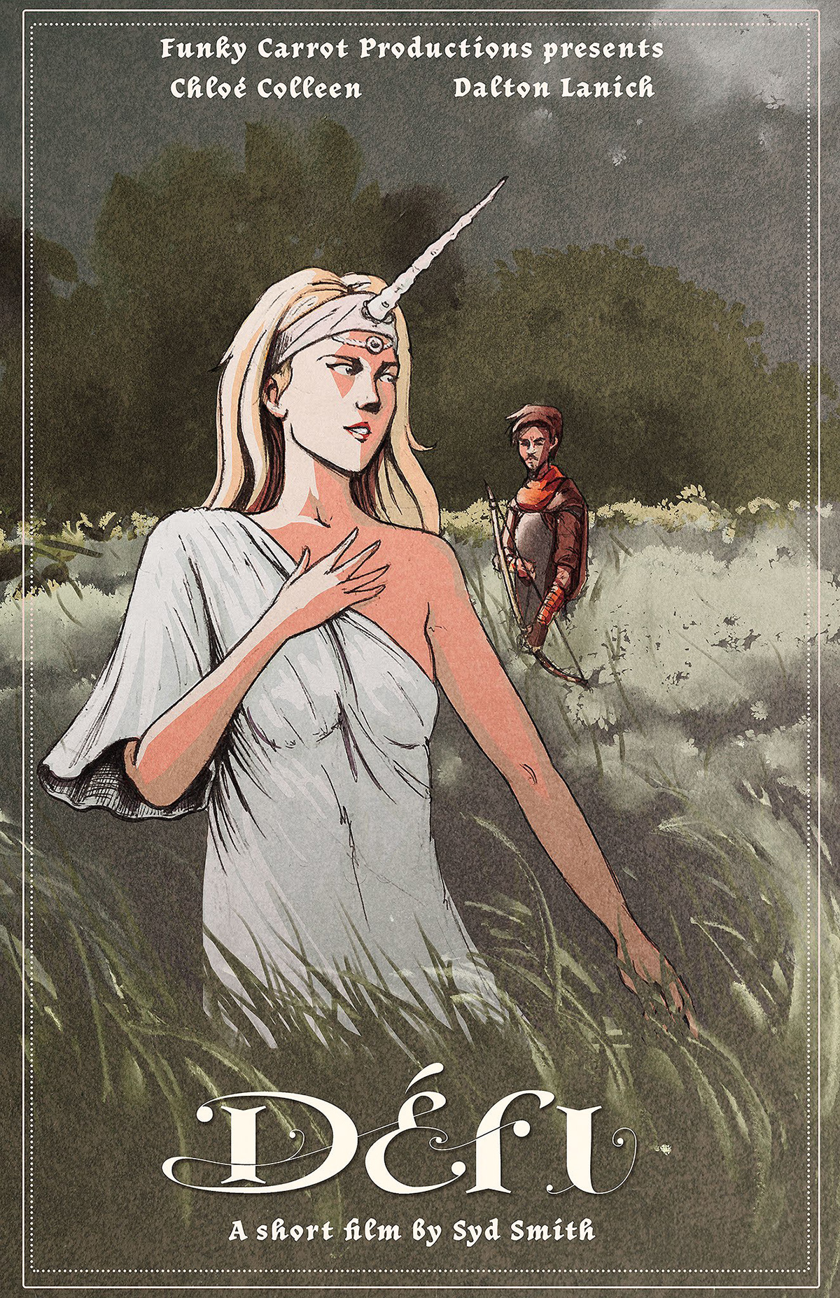 A poster for the short film "Defi". Text at top reads as: Funky Carrot Productions presents (line break) Chloe Colleen Dalton Lanich. Text at bottom reads: Defi (line break) A short film by Syd Smith. The poster has a simple border and is filled by an illustration of a woman with a unicorn horn standing in tall grass in the foreground, observed by a man holding a hunting bow in the background, both of whom stand in a grassy field bordered by green trees. The illustration is digital and seems to mimic black ink and watercolor.