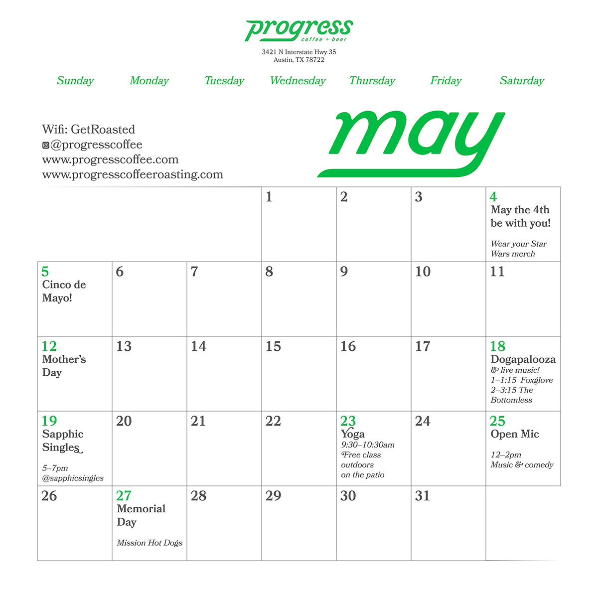 The calendar for May, created in a usual calendar format with green and black text set in the style of the logo and a serif font.