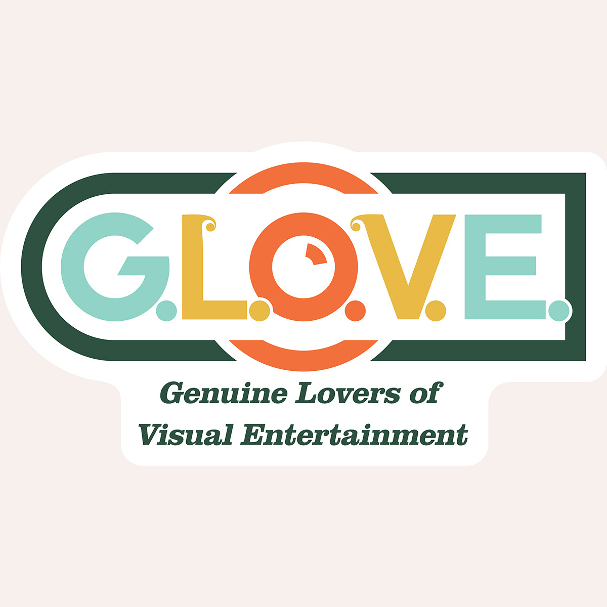 A logo, which reads "GLOVE" with a subheading which reads "Genuine Lovers of Visual Entertainment". The text of the logo is drawn in a geometric sans serif and outlined by a border, and in the counter space (middle) of the O is a crescent wedge shape, like the glare of light on a lens. The subhead text is set in an oblique slab serif. The logo is colorful and displays on a light ten background.