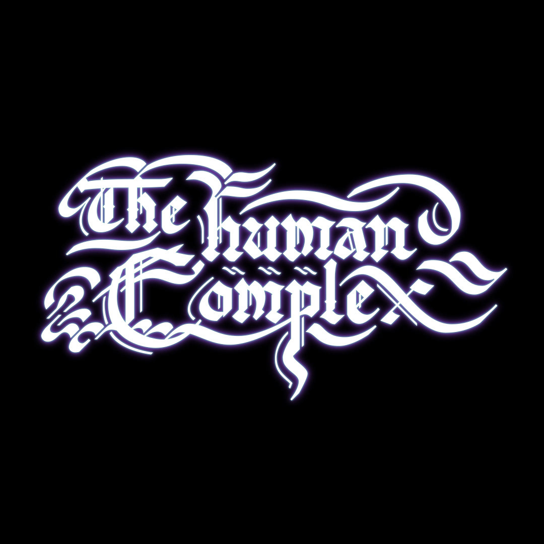"The human Complex" logo drawn in a freeform gothic style, in a rough and improvised style, displayed in glowing violet-white on a black background.