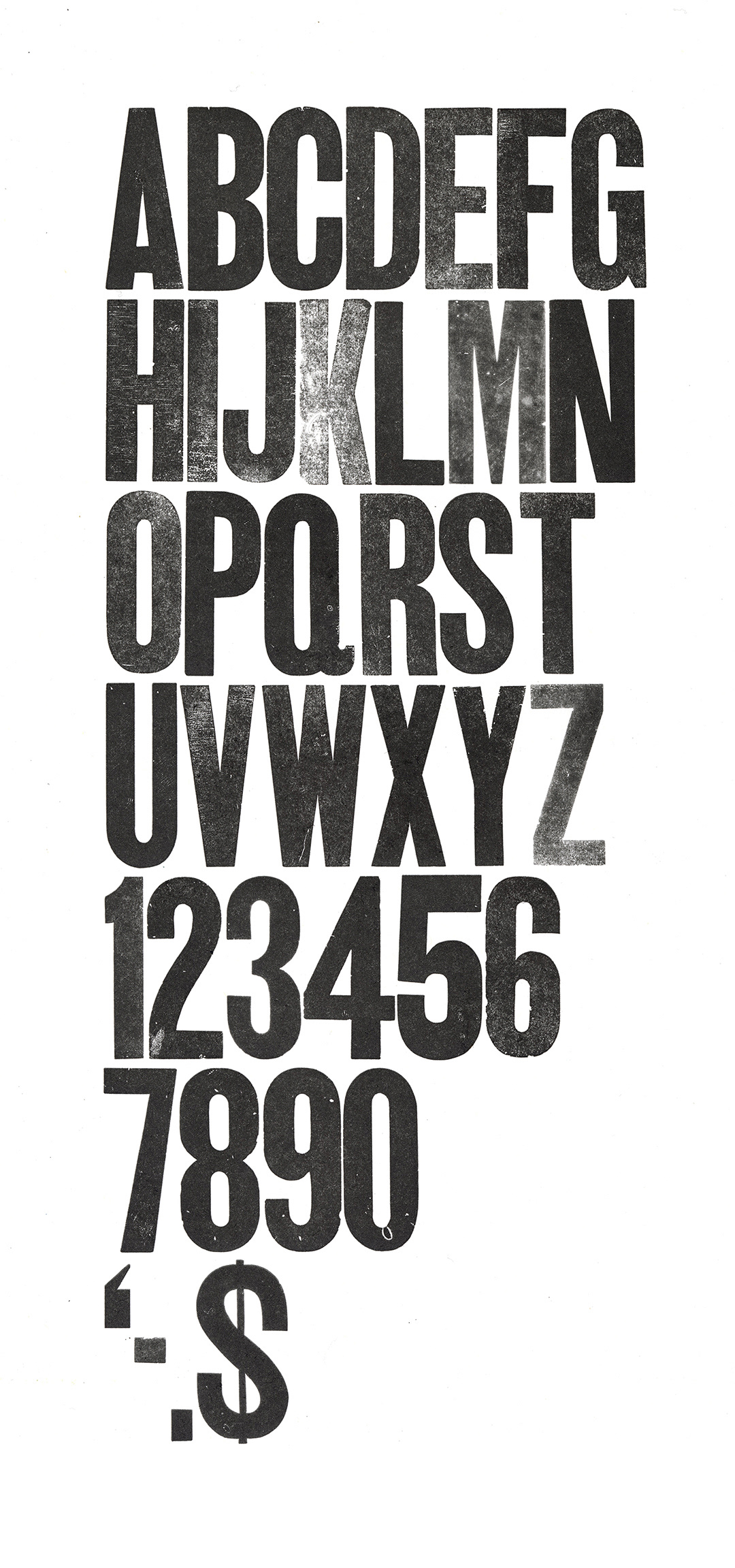 Digital image of the alphabetical characters, numerals, and symbols from the original 144pt wooden fonts printed with fading black ink in rows with no leading or letter spacing, flush left on a blank white background.