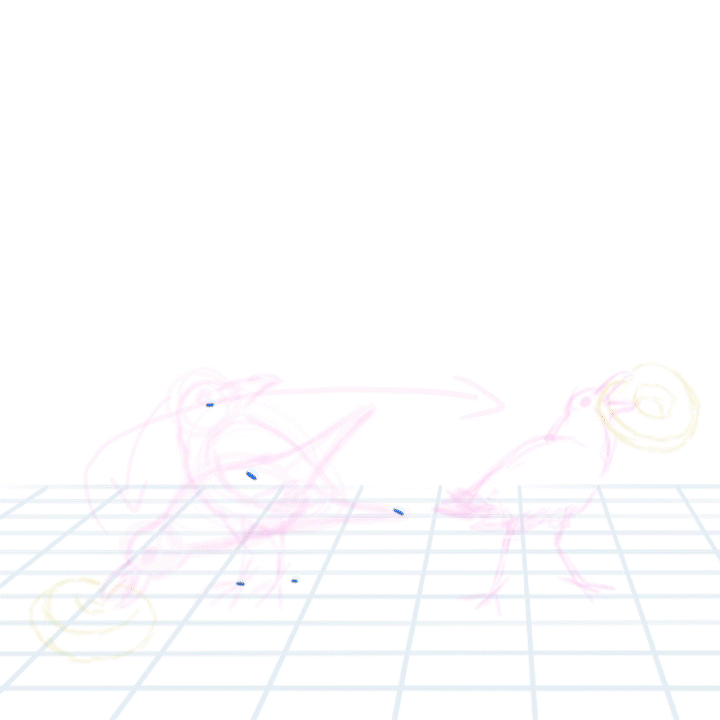 Animated gif showing production stages of a shot of a bird picking up a donut and hopping once with it: first, a moving sketch with dots to show anchors for motion and keyframe sketches in the background, second, an inked version of the bird and donut, and third, a completed shot, which is colored and placed in a composition, after being edited to be a little different from the sketches