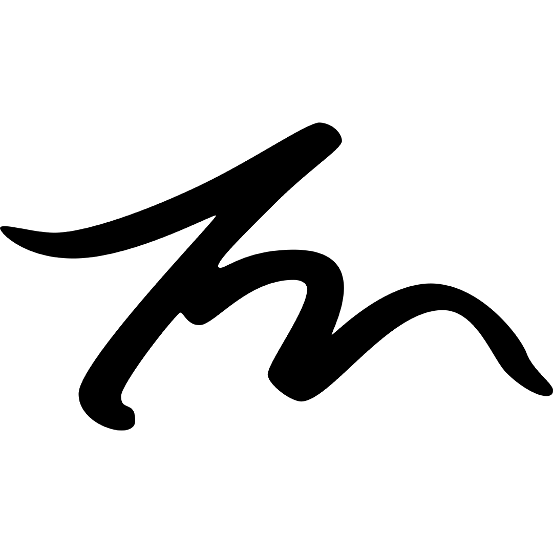 Monogram logo: T and M drawn together in a loose script style by a marker or brush, in black on white background