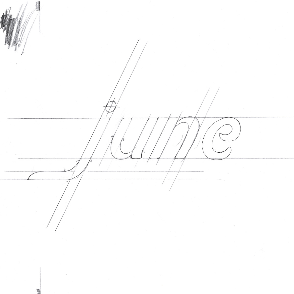 A scan of "june" drawn in pencil along ruled guidelines with small notation marks, in a playful and modern sans serif or faux serif style.