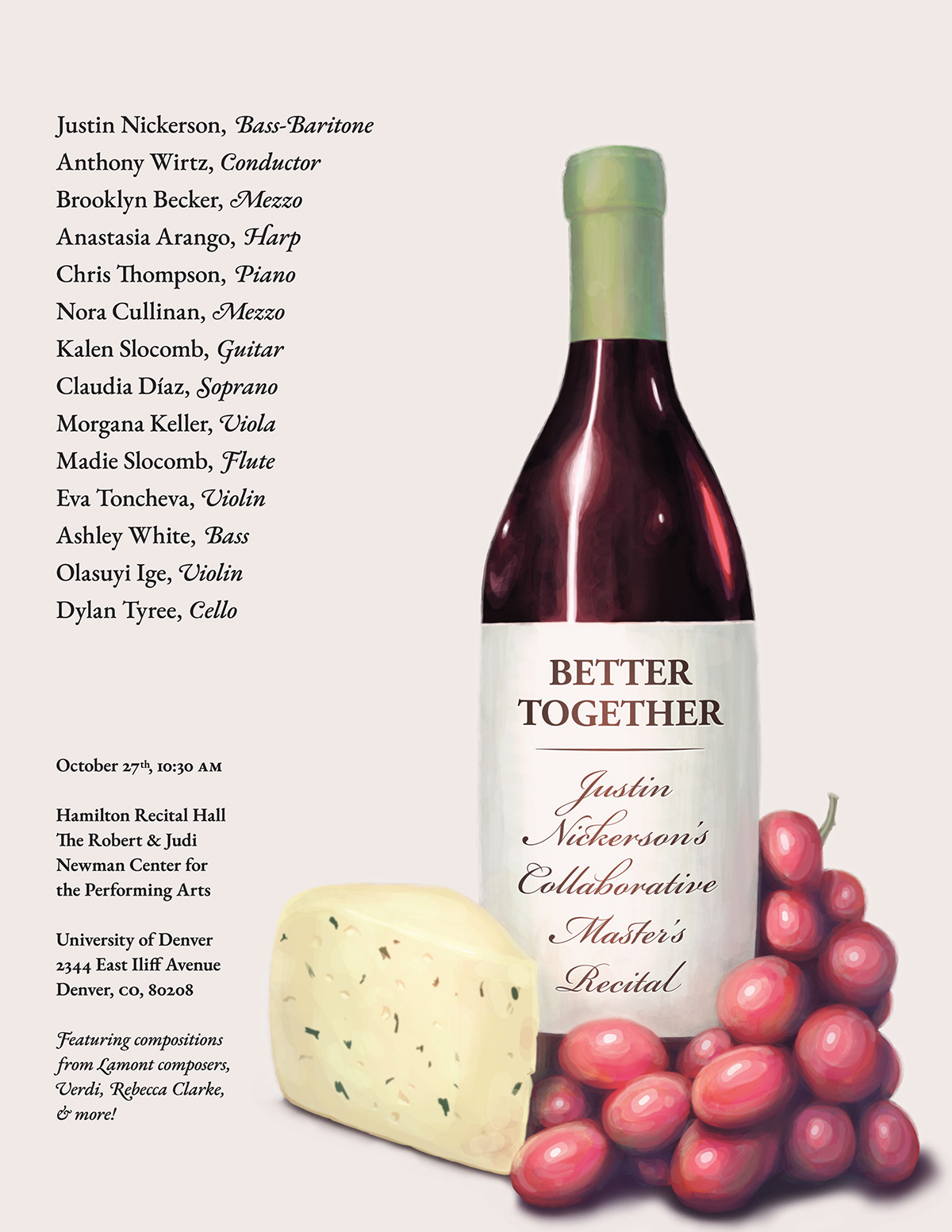 A poster, listing performer names and concert information, next to a digital illustration of a bottle of red wine, labelled with "BETTER TOGETHER: Justin Nickerson's Master's Recital", red grapes, and a wedge of cheese.