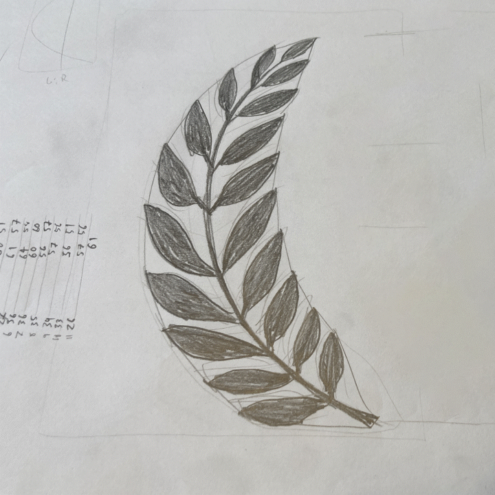 Animated gif showing stages of the design of the laurels pictured above, going from pencil sketch on paper to vectorized object