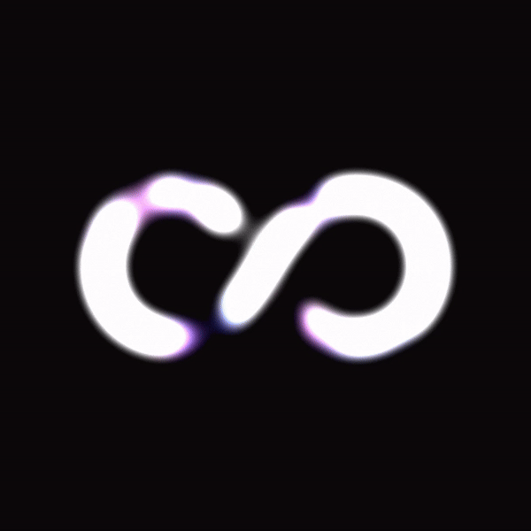 Animated gif of a C to O ligature styled as an infinity sign. The symbol is animated to glow and change, with gaps appearing and disappearing while the whole thing seems to ripple. It is bright white with blue-violet glow over a black background.