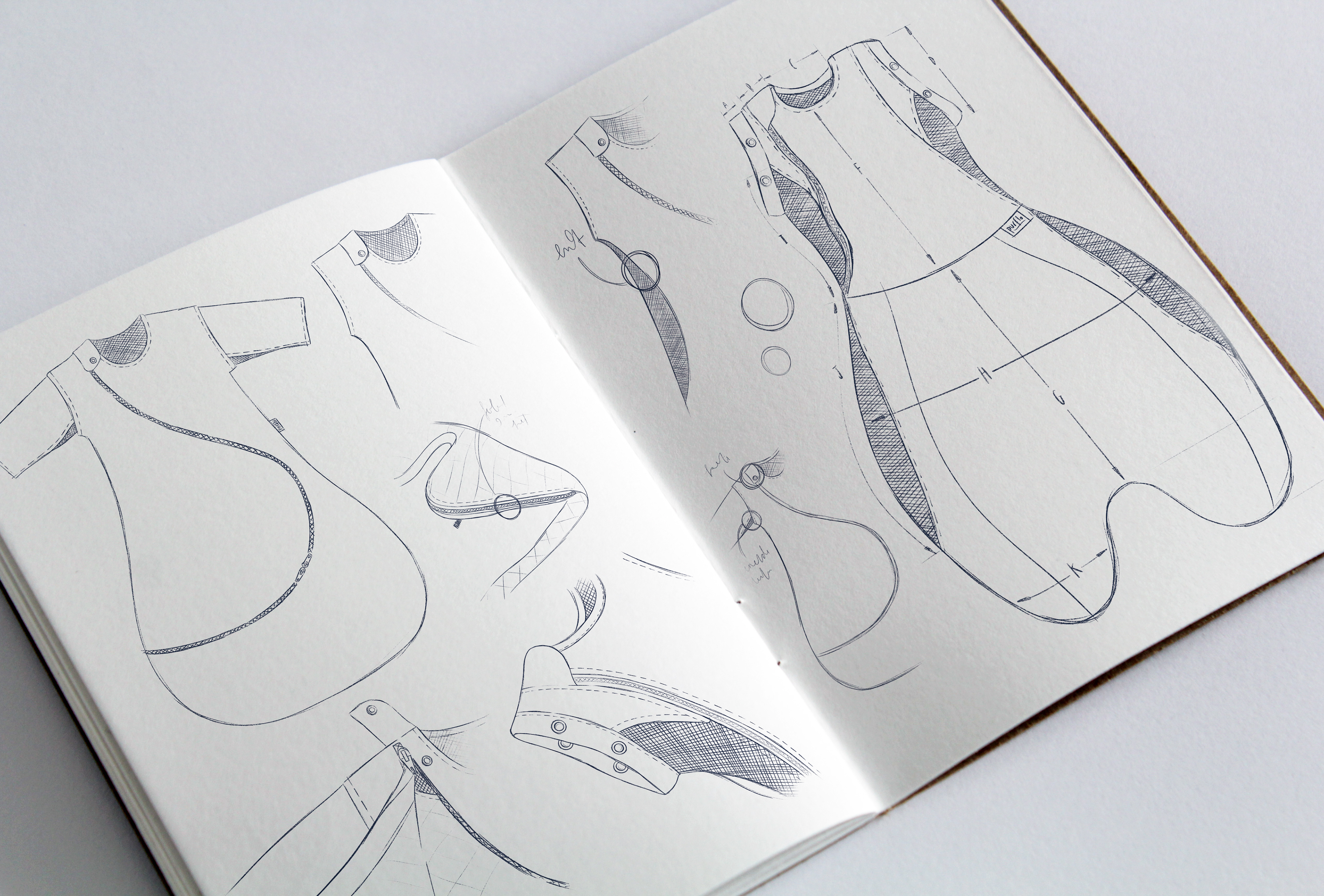 Sketches of Purflo products in open sketch book