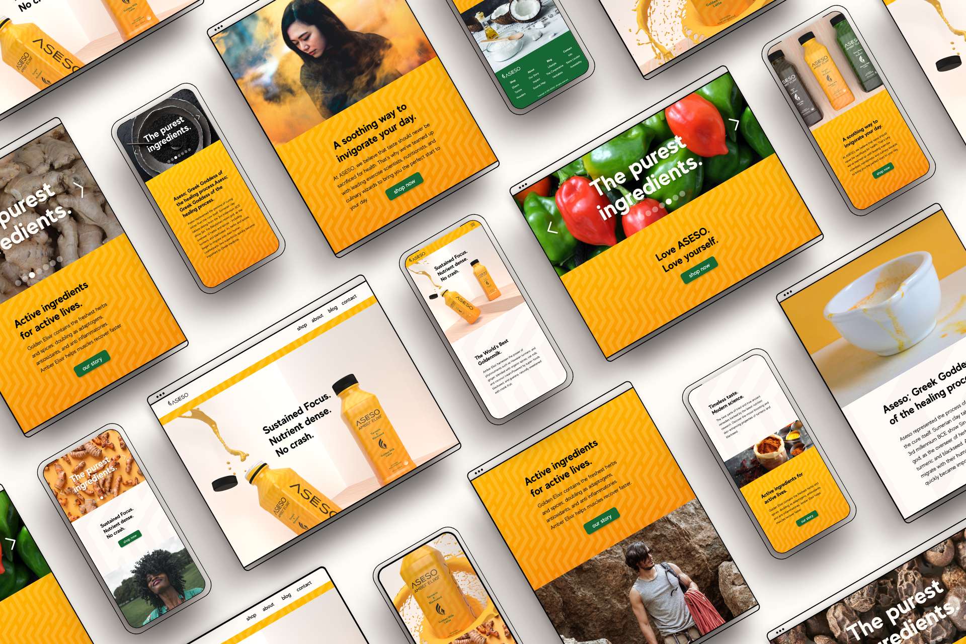 Layout of landing page for ASESO. Mobile, tablet, and desktop versions.