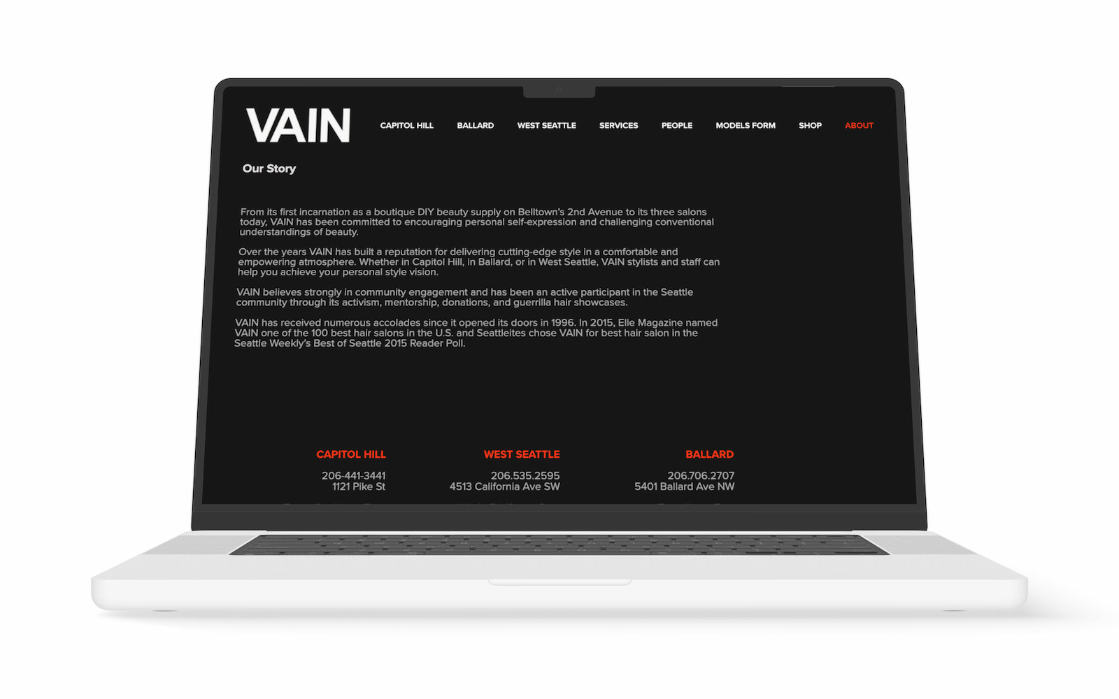 Vain's website prior to the rebrand.