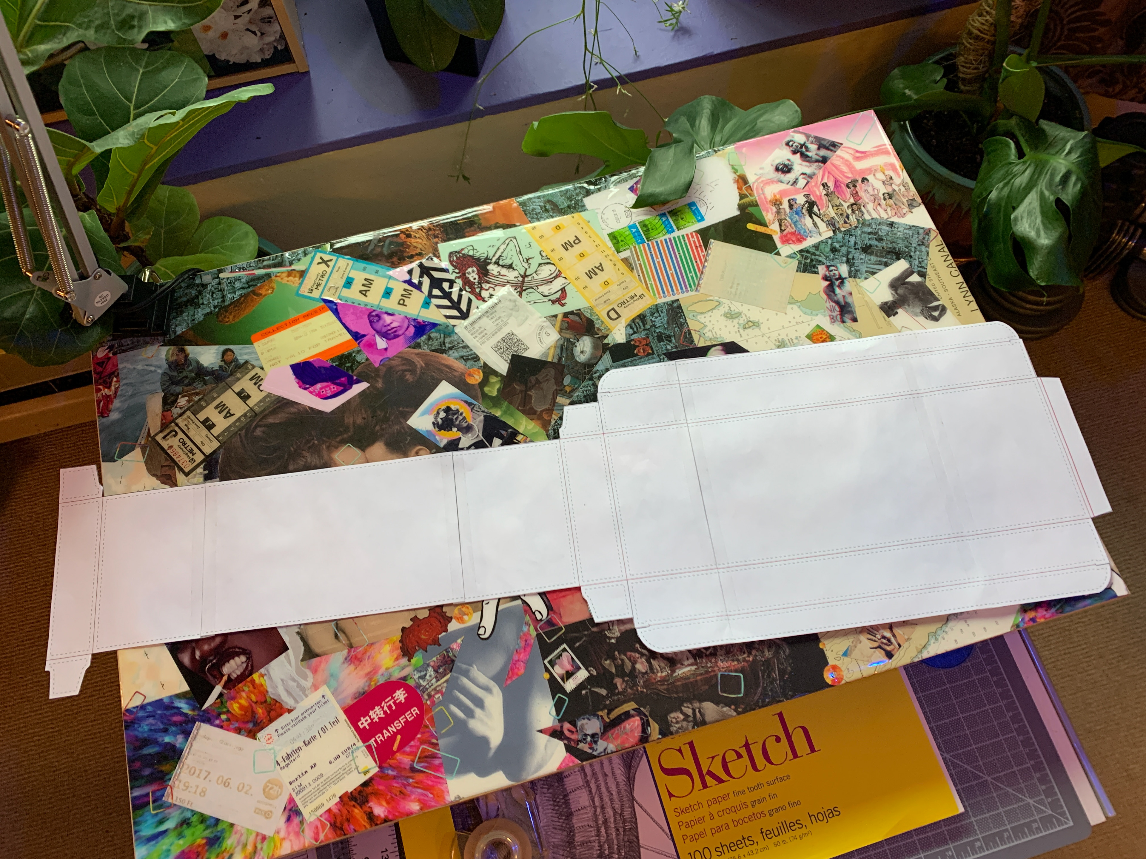 Incorrectly sized dieline. (Resting on top of a collaged desktop.)