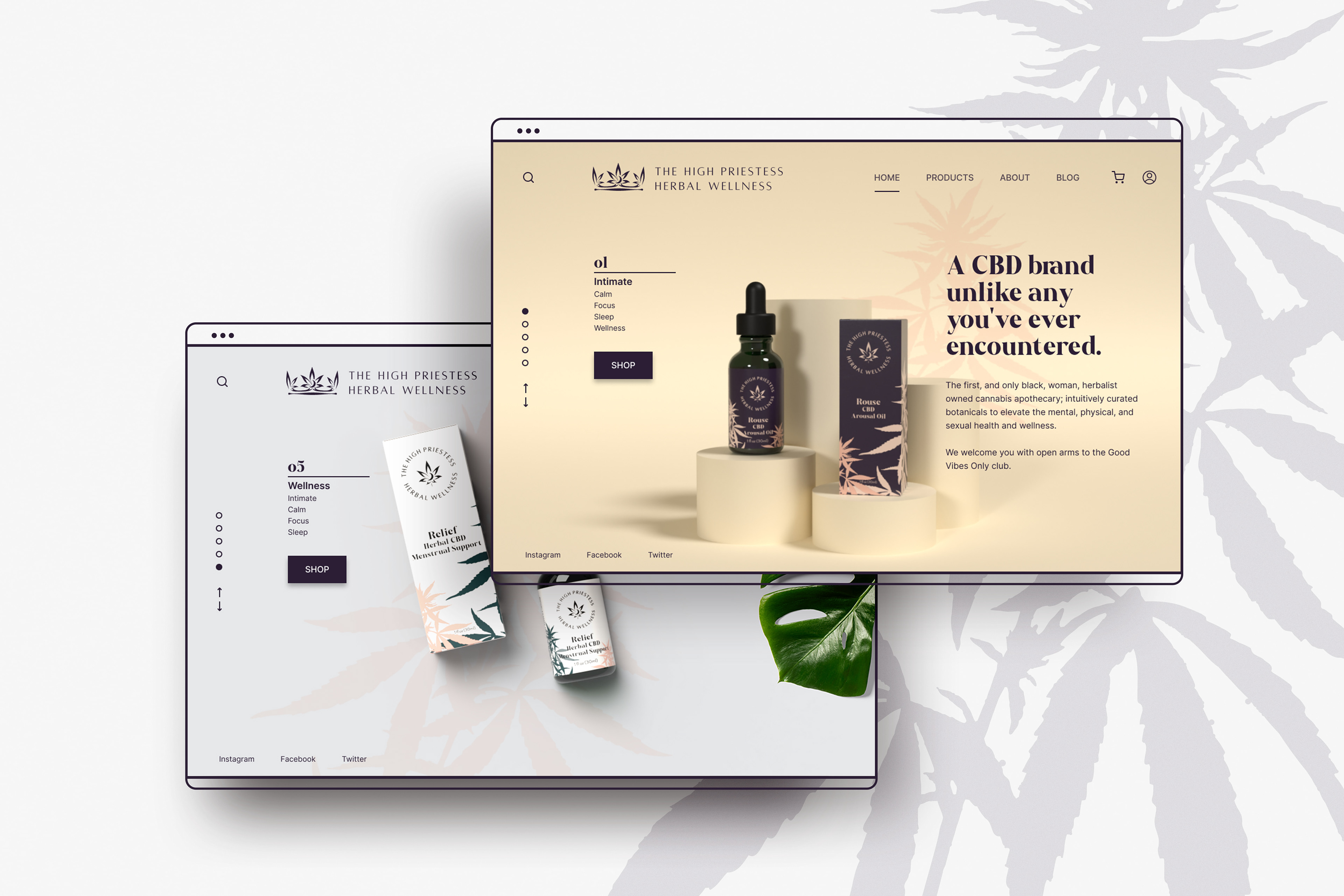 Two screens from my redesign of The High Priestess Herbal Wellness' landing page.