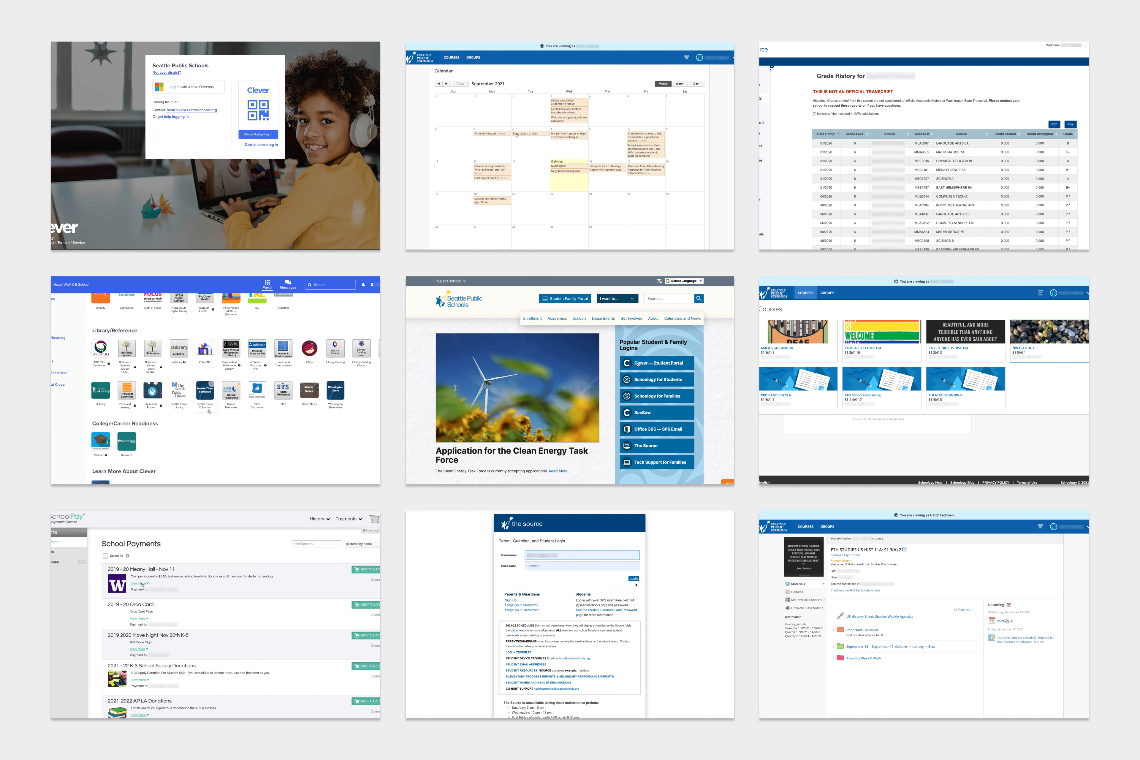 Layout of scree screenshots depicting my audit of the current Seattle Public Schools portals.