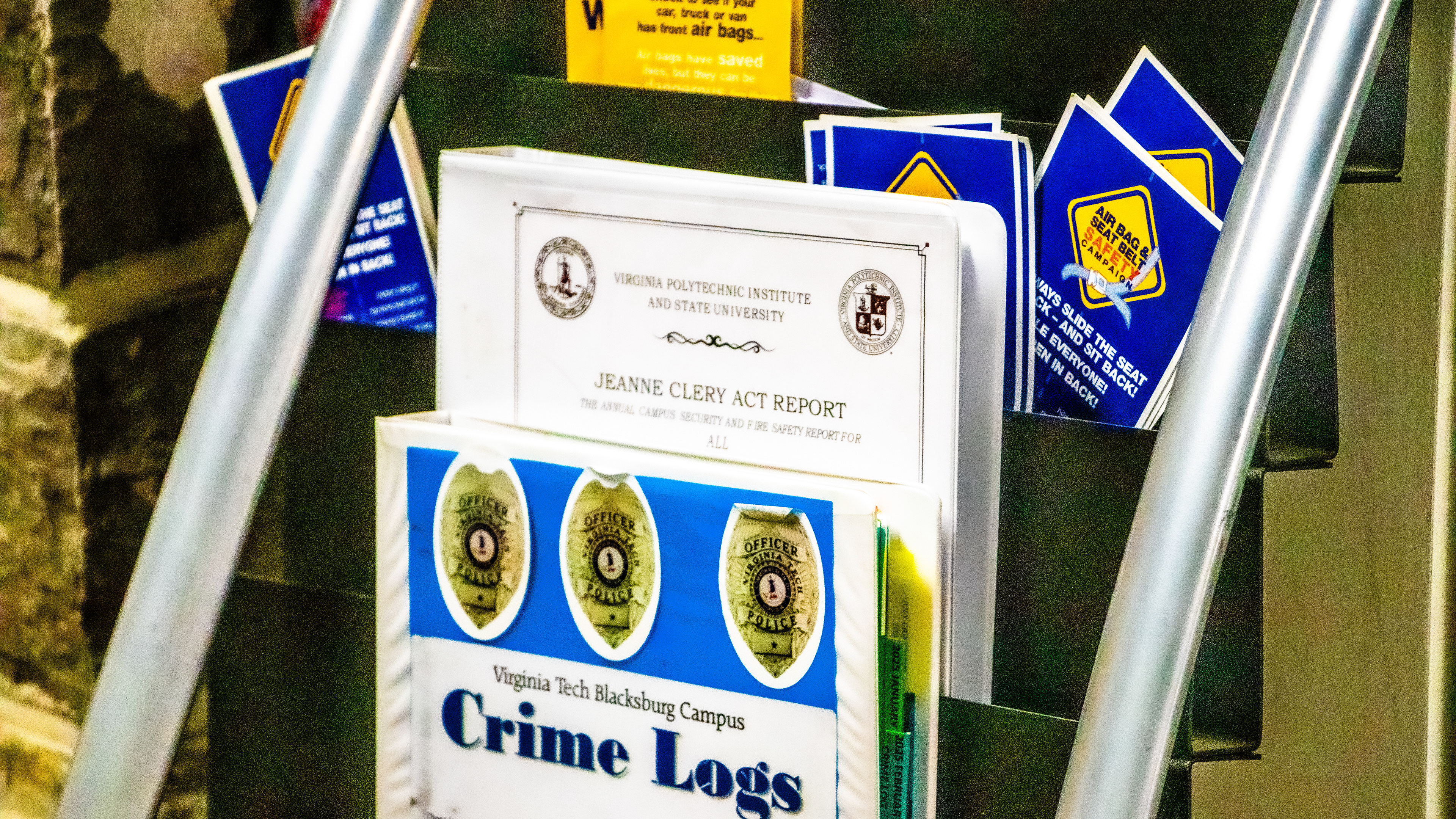 Blacksburg, Virginia, May 10, 2025 — Public Access: A magazine rack at the entrance of the VTPD offers safety resources, crime logs and Clery Act reports, reinforcing the department's community-centered mission. Photo: Michaela Scott