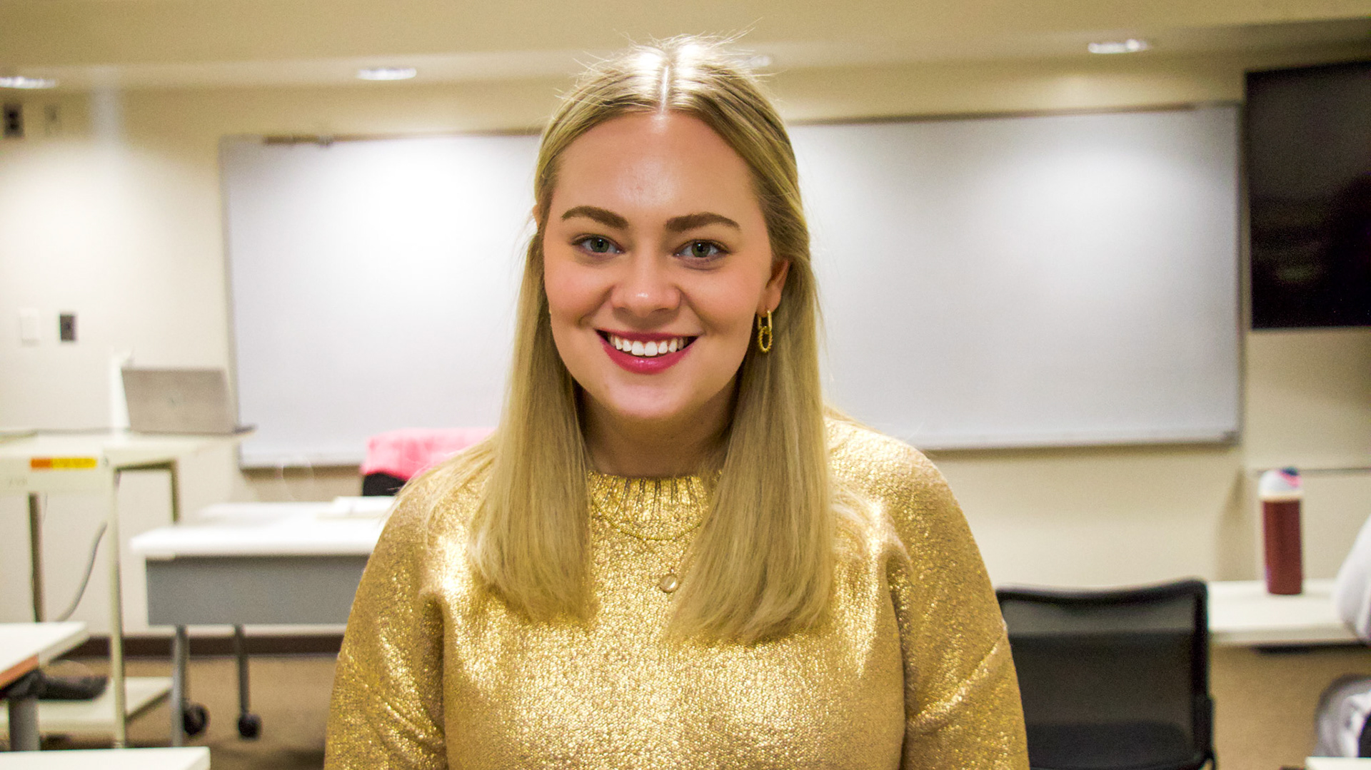 Blacksburg, Virginia, Feb. 21, 2025 — AI-Powered Leader: Instructor Katie Thomas poses for a headshot during public speaking class in Major Williams Hall.