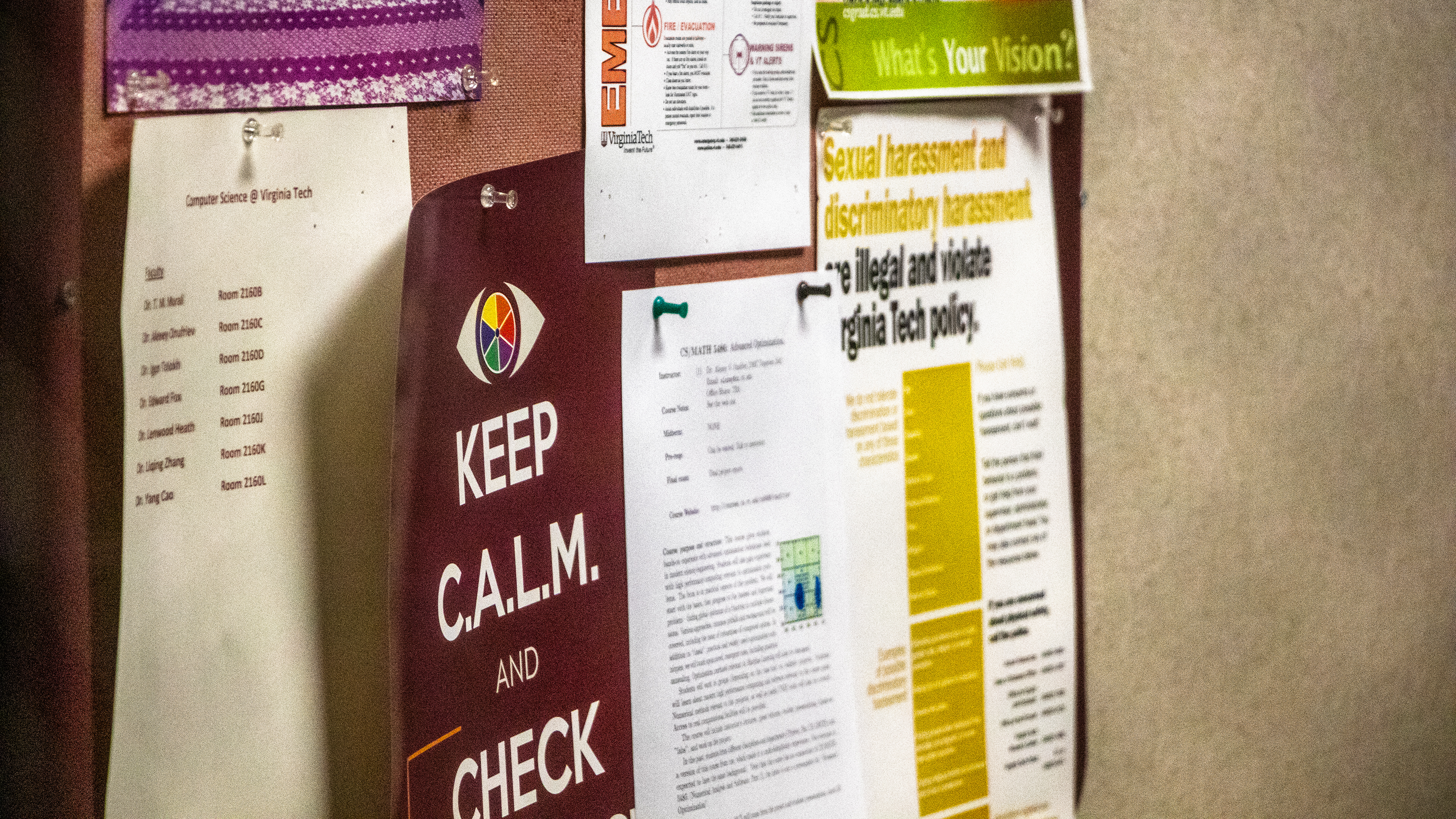 Blacksburg, Virginia, May 10, 2025 — Empowered Awareness: In Squires Student Center, a bulletin board displays vital information on crime reporting and emergency preparedness, which underscores VT's commitment to turning awareness into action. Photo: Michaela Scott