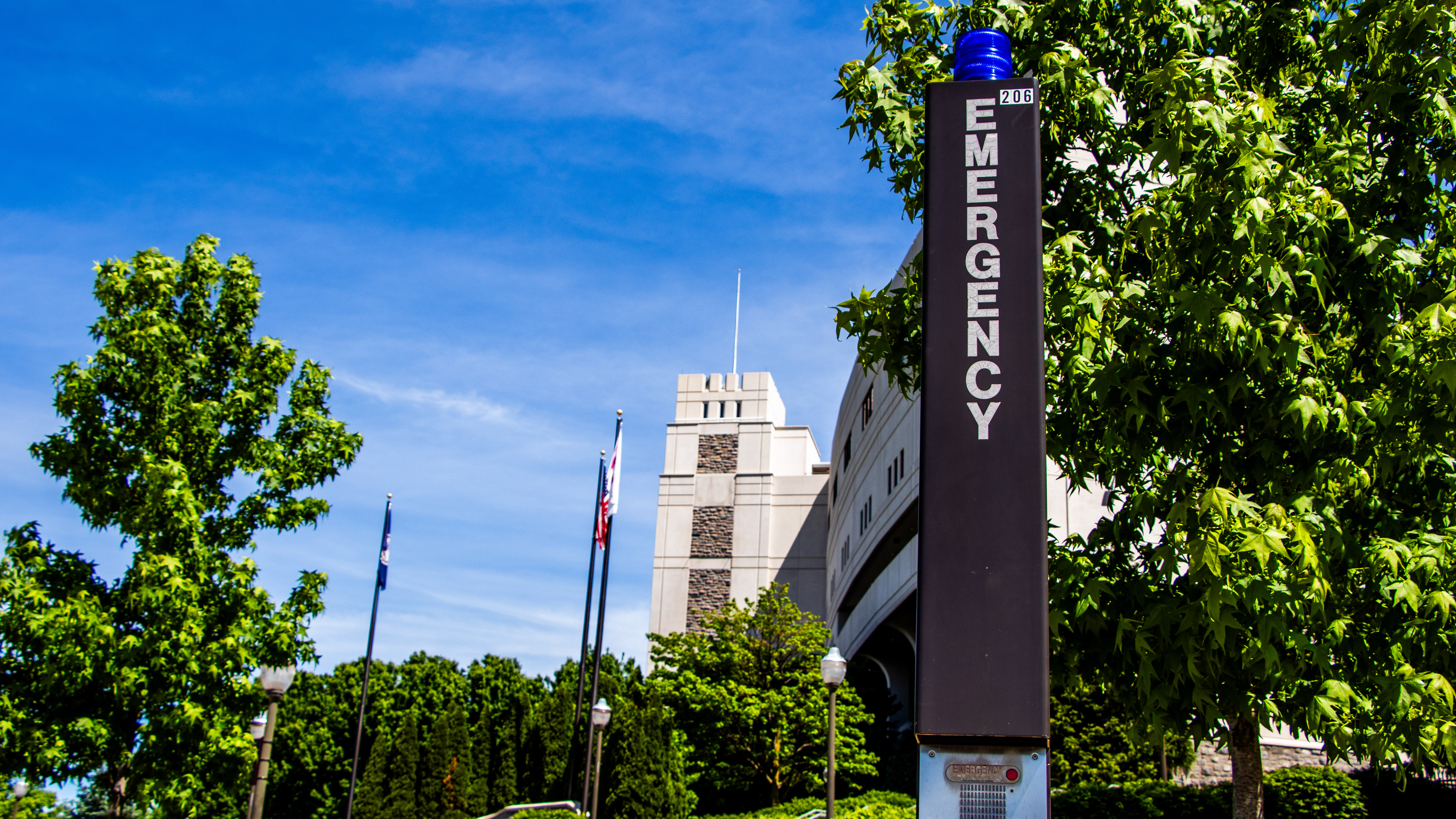 Blacksburg, Virginia, May 10, 2025 — Always Blue: One of the many VT Blue Light Emergency Response Systems stands ready on Beamer Way and is a visible reminder of the university's commitment to rapid response. Photo: Michaela Scott