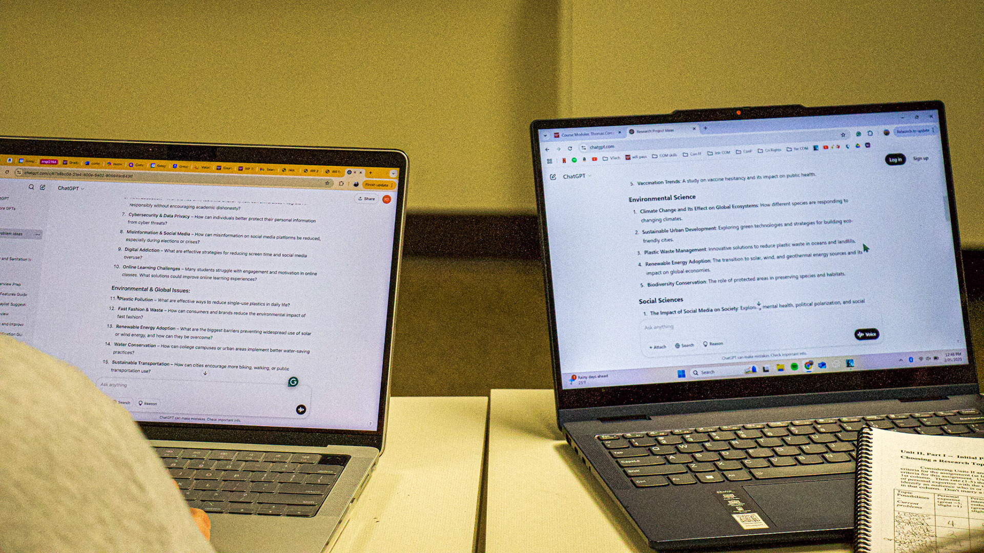 Blacksburg, Virginia, Feb. 21, 2025 --- AI-Generated Research: Two students in Thomas' public speaking course use ChatGPT to brainstorm ideas for their upcoming research project, integrating AI into their academic work.