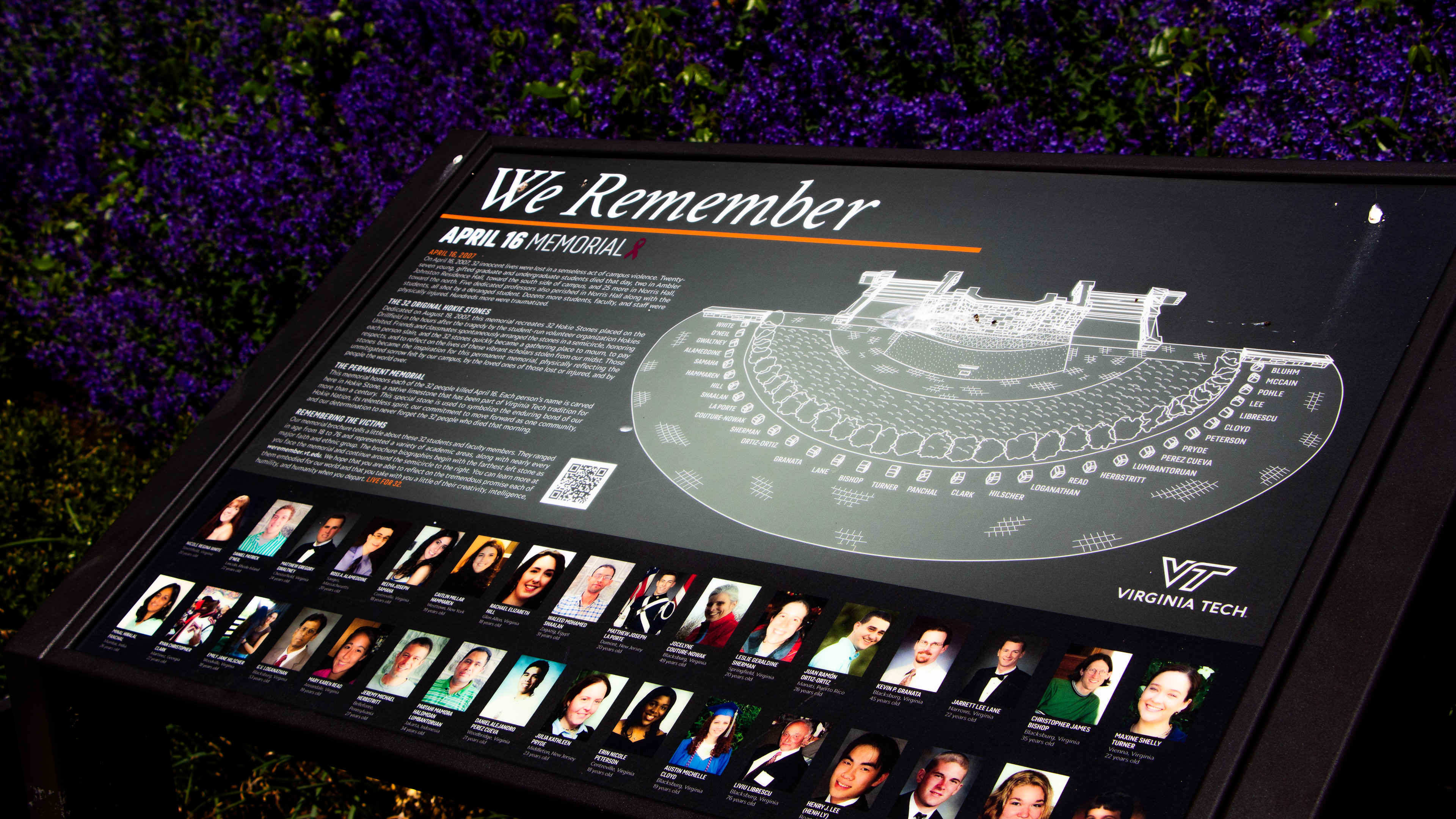 Blacksburg, Virginia, May 10, 2025 — Never Forgotten: The "We Remember" plaque honors the 32 lives lost and is a permanent reminder of the tragedy that reshaped VT's identity and commitment to safety. Photo: Michaela Scott