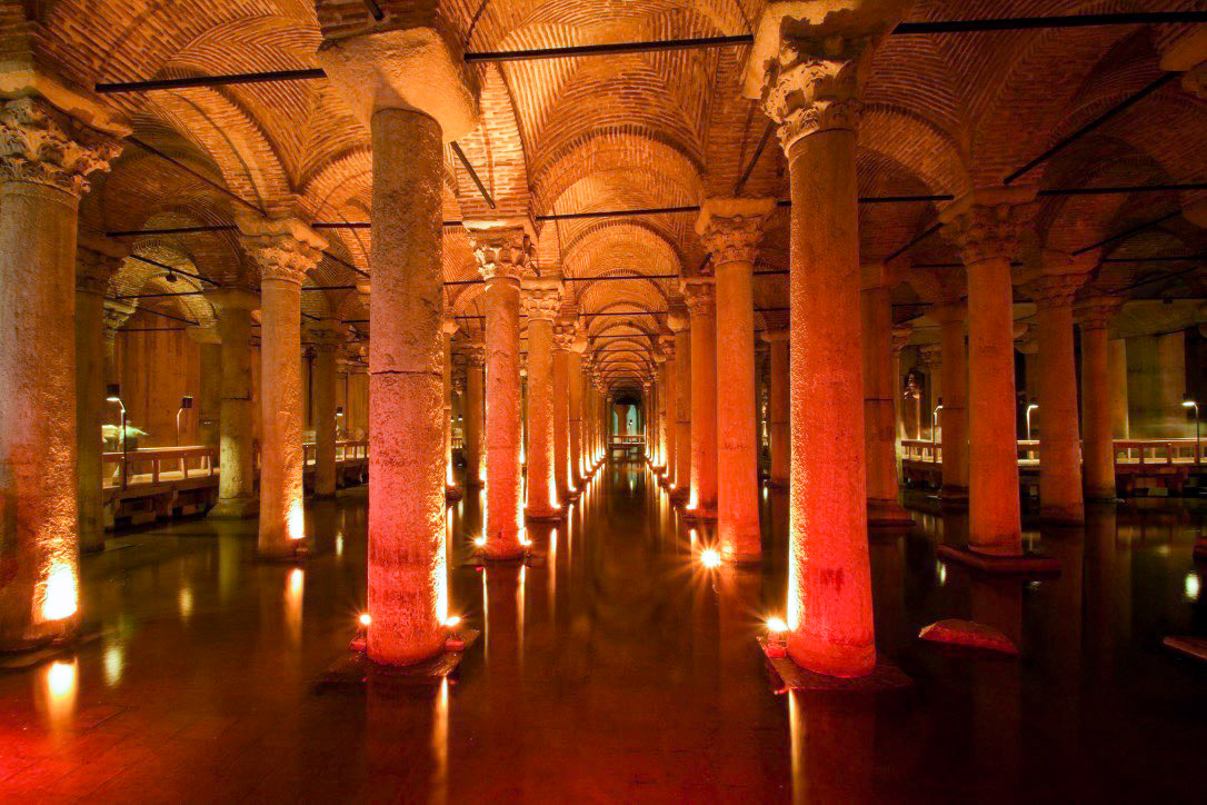 The Basilica Cistern (Turkish: Yerebatan Sarayı - "Sunken Palace", or Yerebatan Sarnıcı - "Sunken Cistern"), is the largest of several hundred ancient cisterns that lie beneath the city of Istanbul (formerly Constantinople), Turkey. The cistern, located 500 feet (150 m) southwest of the Hagia Sophia on the historical peninsula of Sarayburnu, was built in the 6th century during the reign of Byzantine Emperor Justinian I.[1]