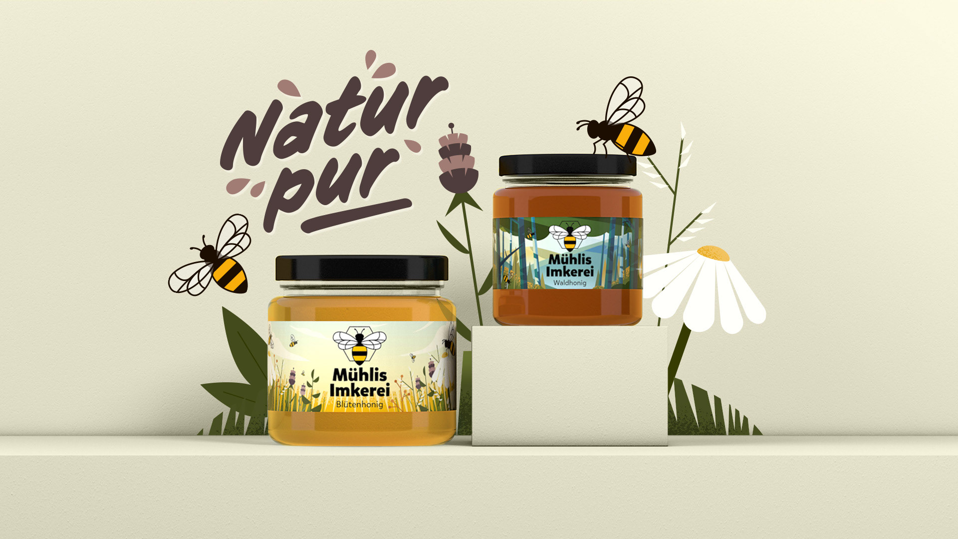 Präsentation Honig Etiketten mit Illustration Blumen und Bienen, Natur pur