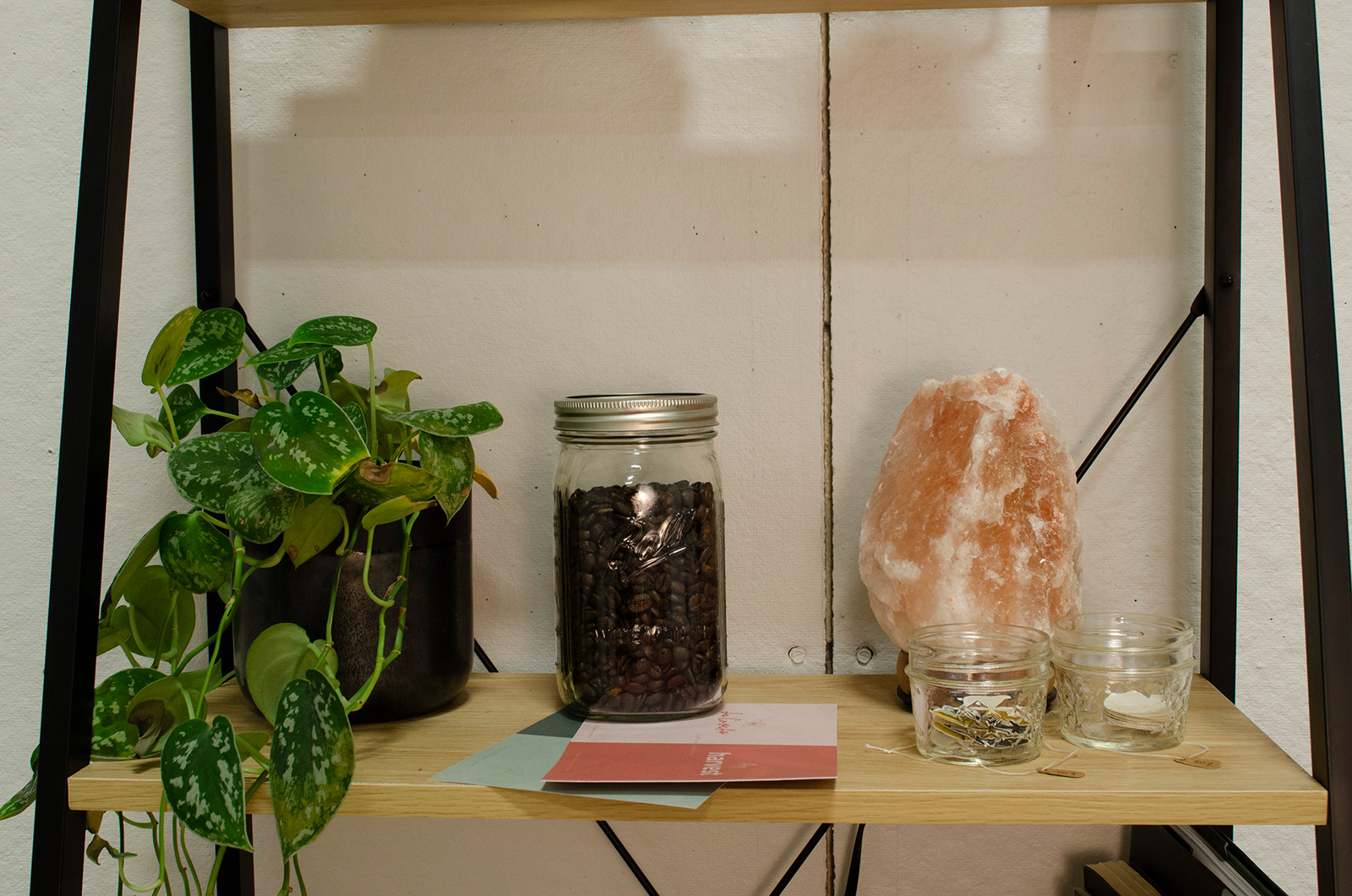 The second shelf contains a plant, coffee beans, a lamp, some postcards, and stickers of the logo for sale.
