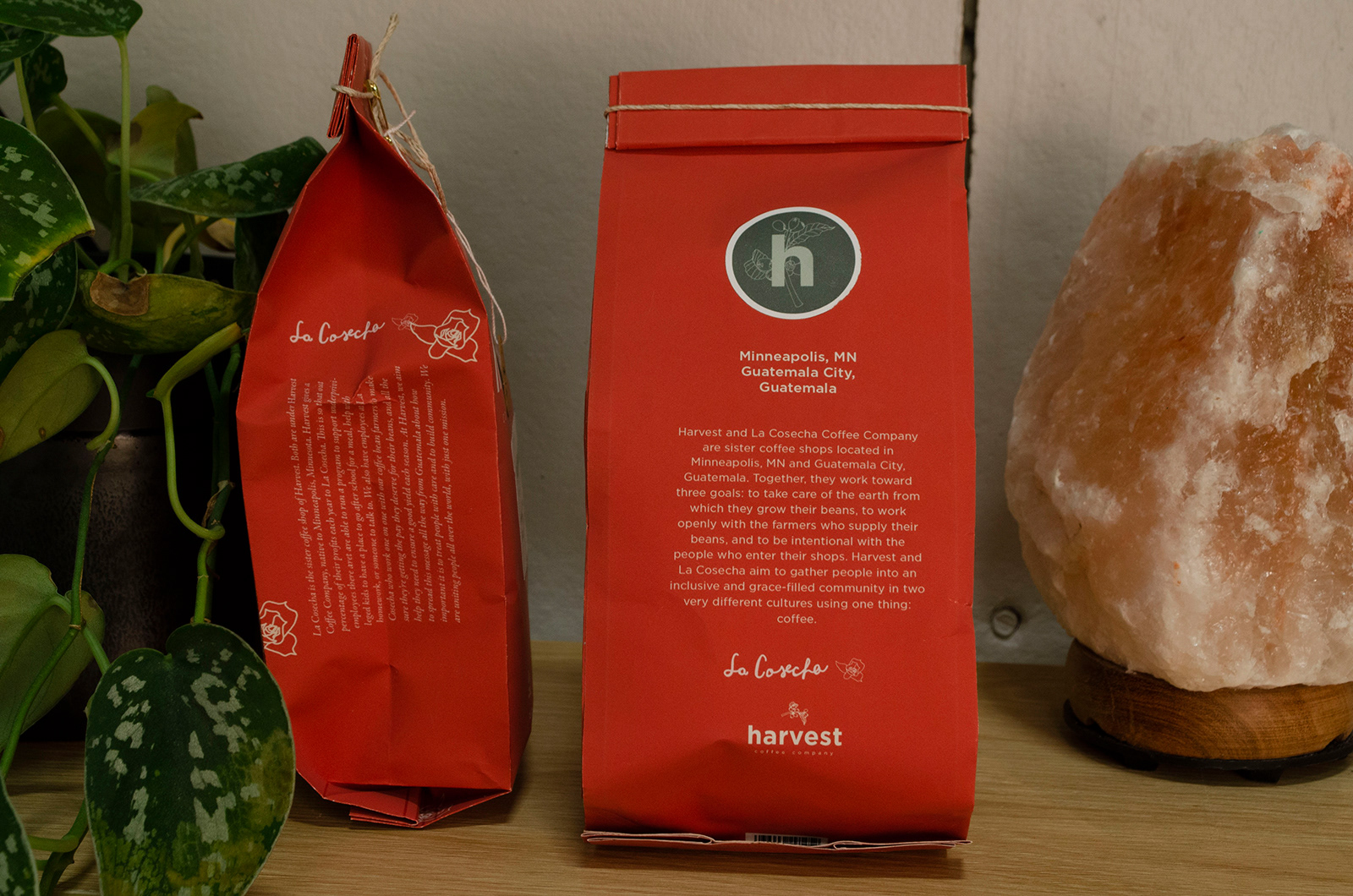 This is a close up of the back and side of one of the coffee bags.