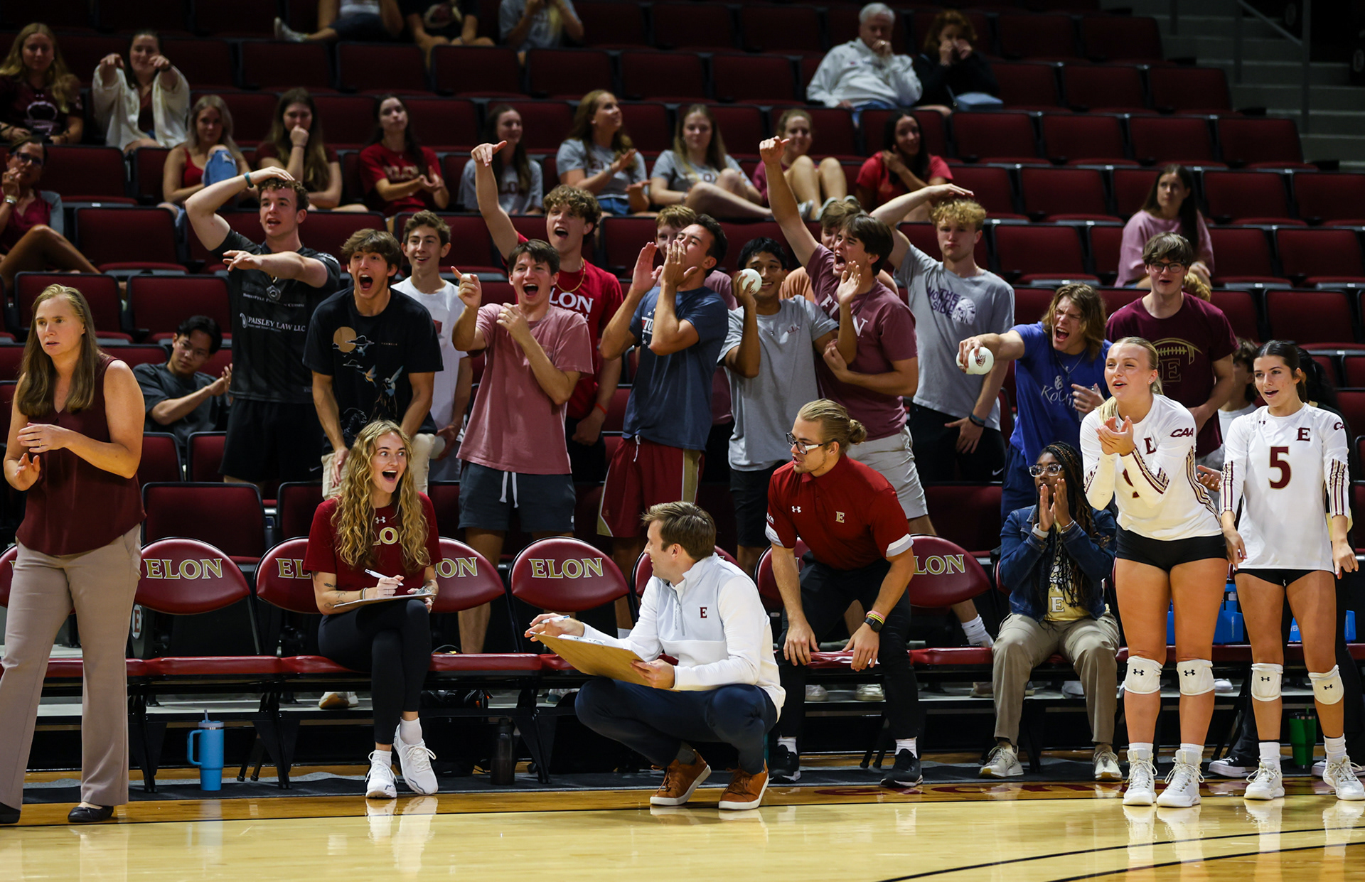 Presly Austin celebrates after Elon won a point against Western Carolina in the team’s 2023 home opener against Western Carolina on Sept. 8, 2023. Photo by Jacob Kisamore.