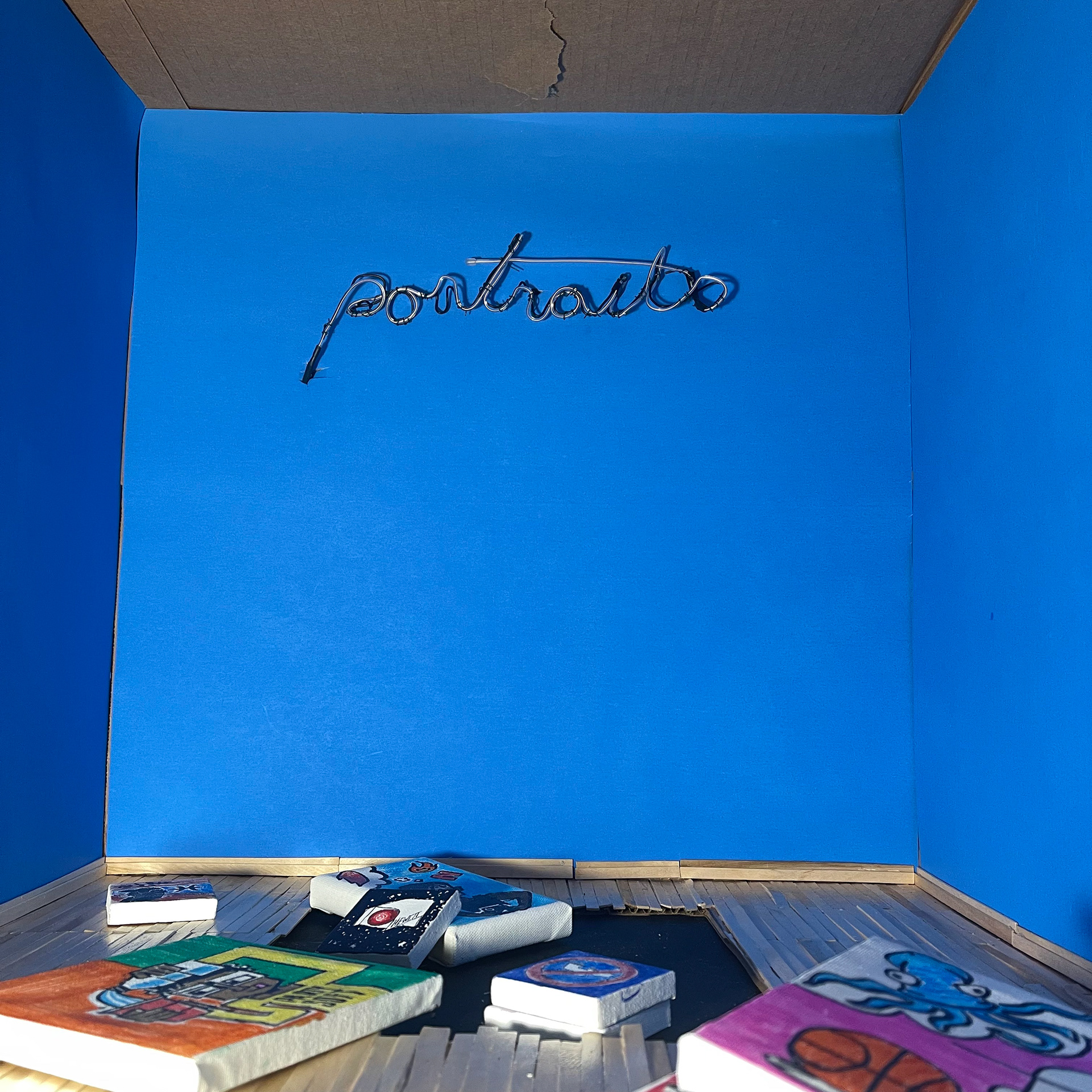 All the "paintings" in the gallery are Crayola marker on mini canvases. They represent various alter egos represented on the album.