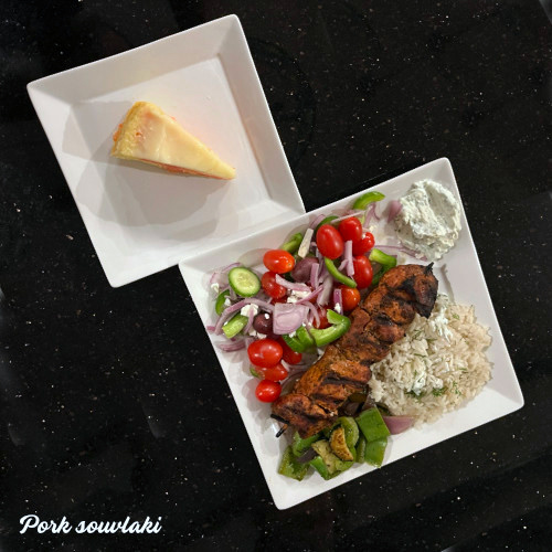 Pork souvlaki dinner