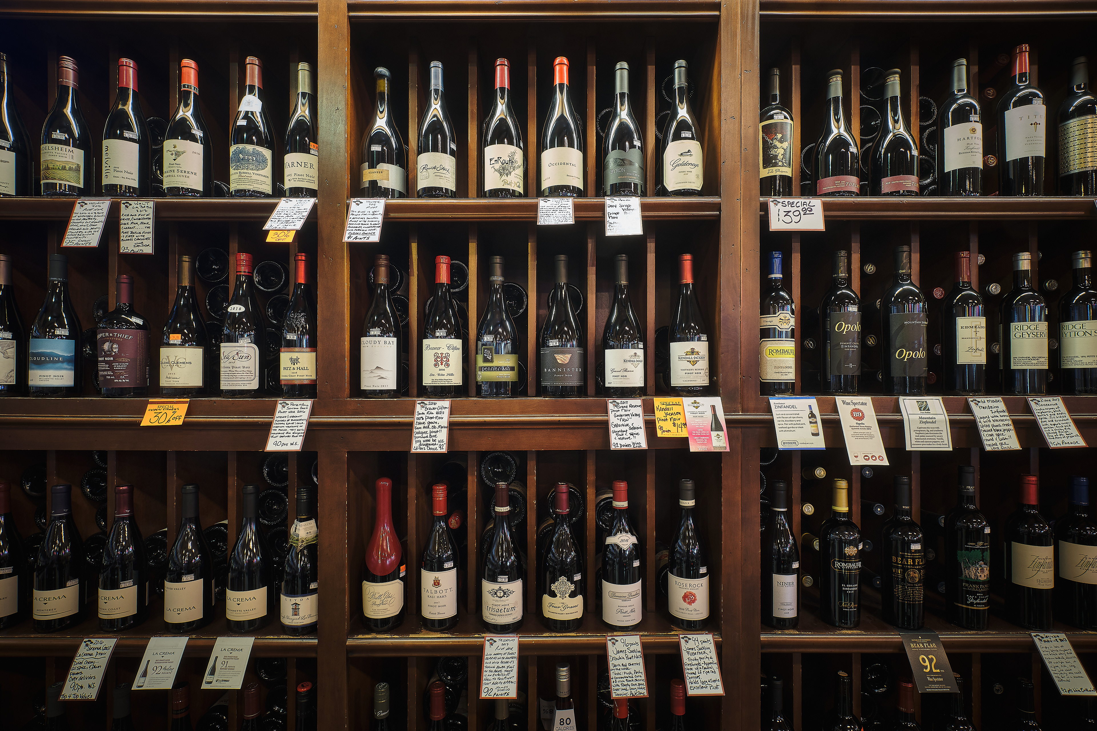 Wine shelf in La Bodega Wine & Spirit store