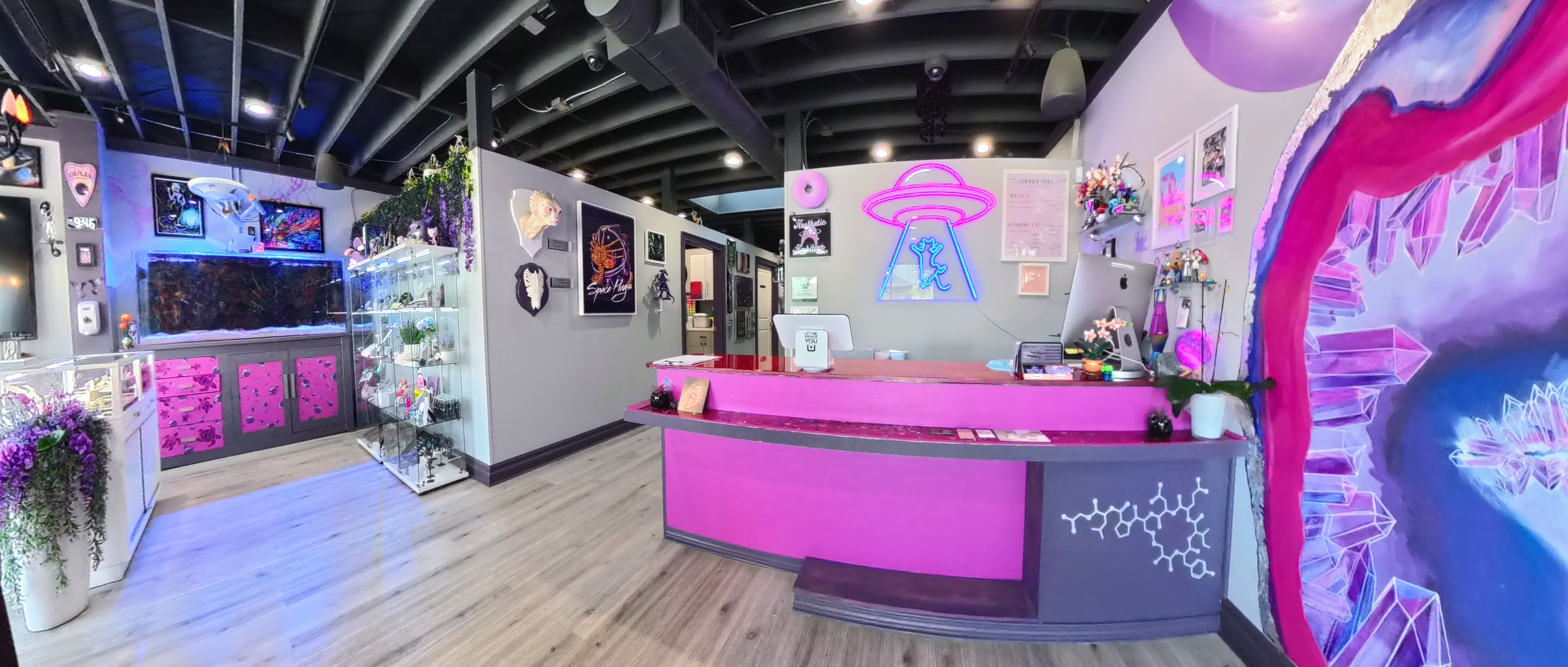 Colorful studio reception with a magenta counter, glass display cabinets and a crystal mural.