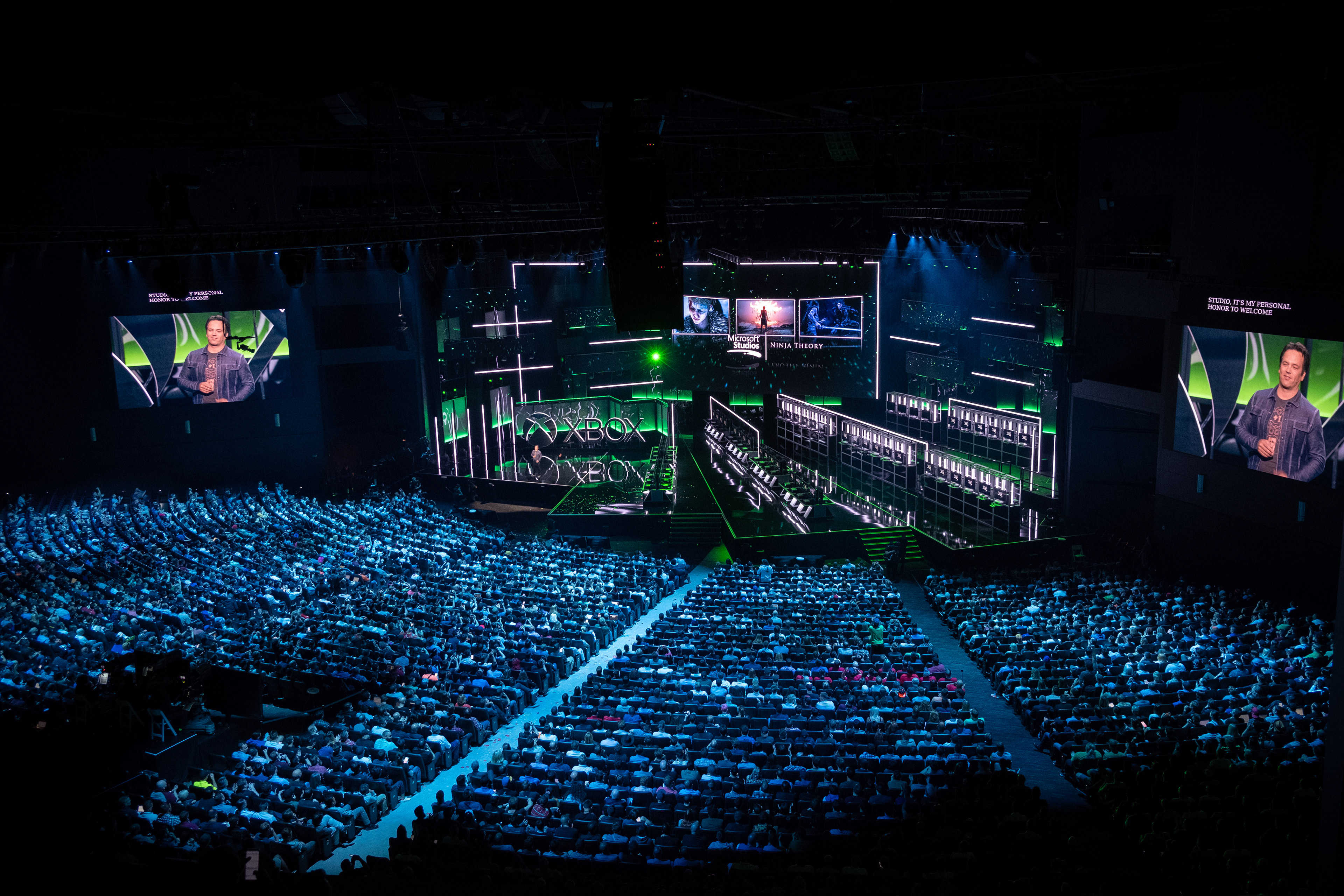 Audience and stage at a Microsoft conference in Microsoft Theater, Los Angeles.
