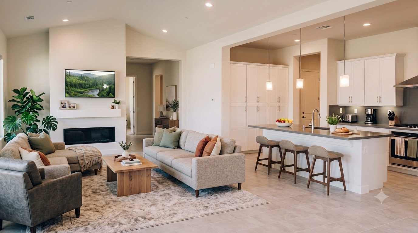 Virtual staging example of an open-plan living room with sofas, a rug and coffee table beside a kitchen island.
