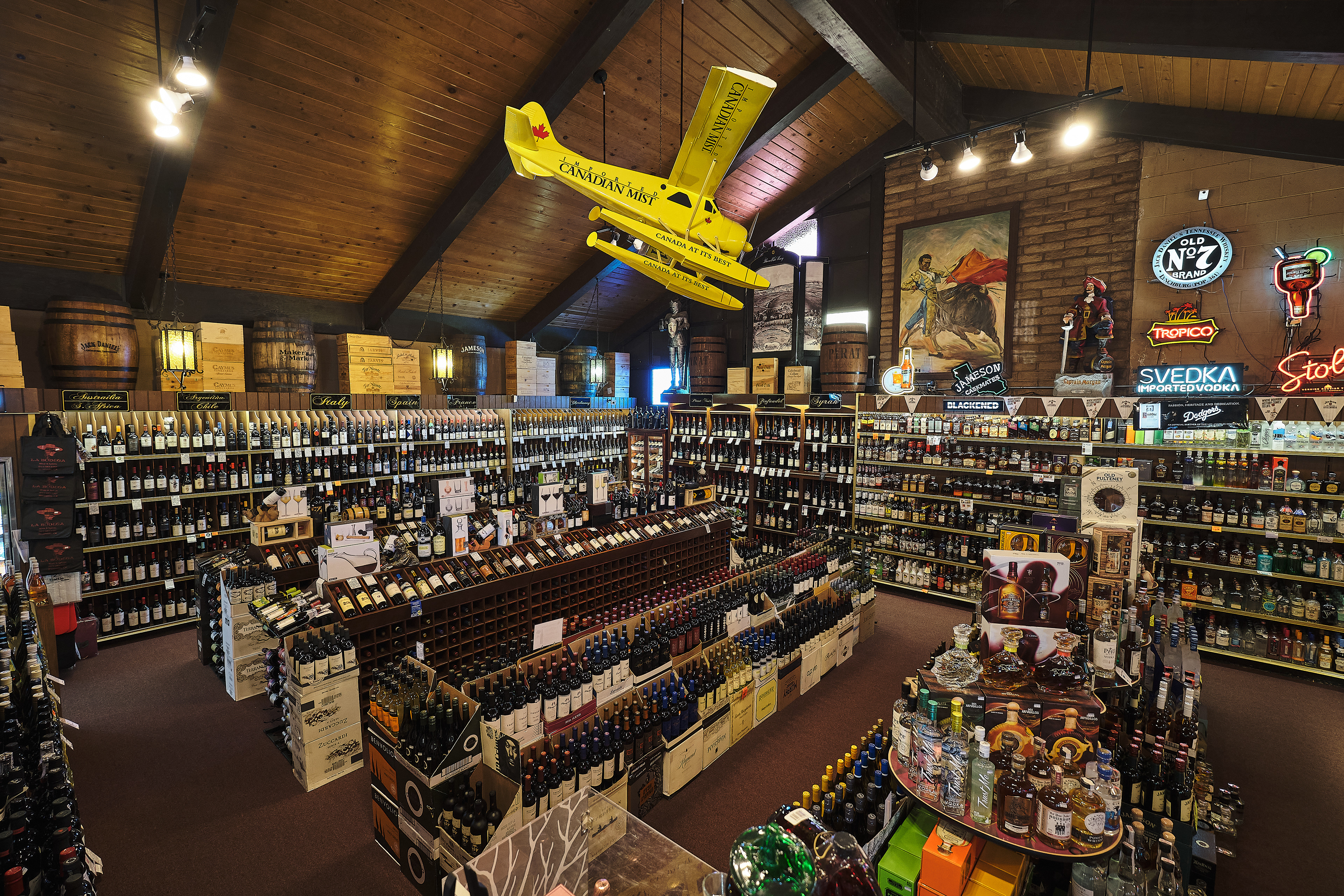 La Bodega Wine & Spirit store, inside wide angle view