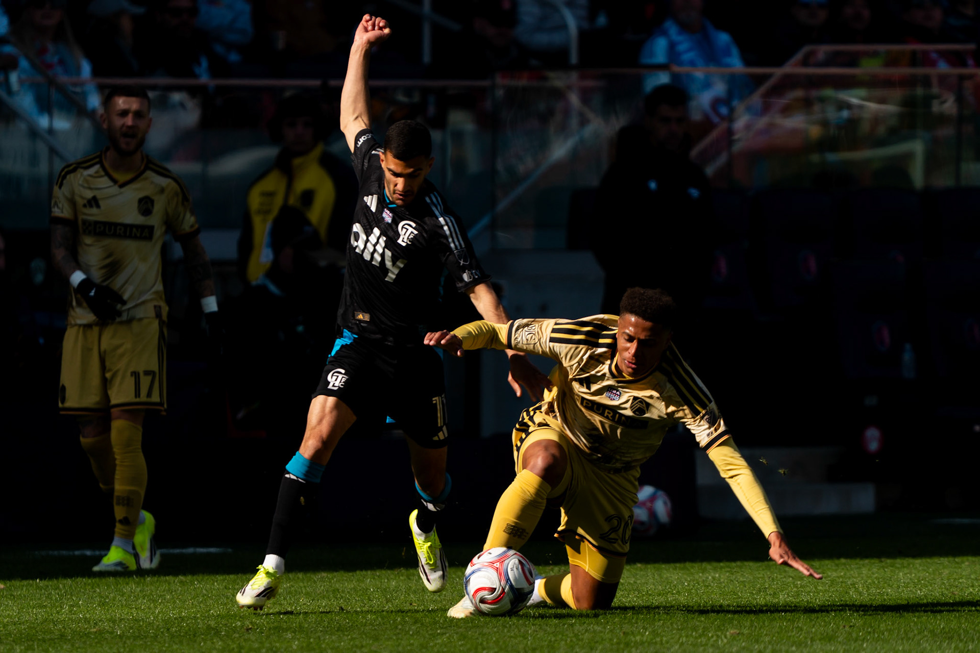 St. Louis CITY SC defender Rafael Santos (20) goes for the ball against Charlotte FC forward Liel Abada (11) against Charlotte FC.St. Louis City FC vs. FC Charlotte on February 21, 2026 at Energizer Park in St. Louis, MO. Photo by Daniel Laubhan