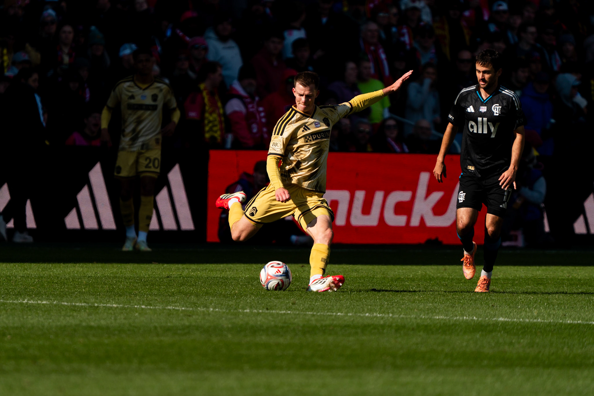 St. Louis CITY SC midfielder Christopher Durkin (8) shot on goal against Charlotte FC.St. Louis City FC vs. FC Charlotte on February 21, 2026 at Energizer Park in St. Louis, MO. Photo by Daniel Laubhan