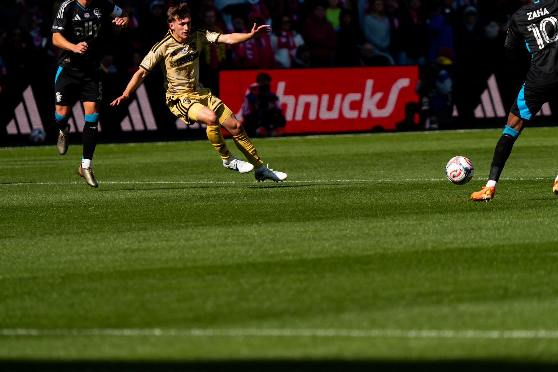St. Louis CITY SC midfielder Daniel Edelman (24) passes the ball against Charlotte FC.St. Louis City FC vs. FC Charlotte on February 21, 2026 at Energizer Park in St. Louis, MO. Photo by Daniel Laubhan